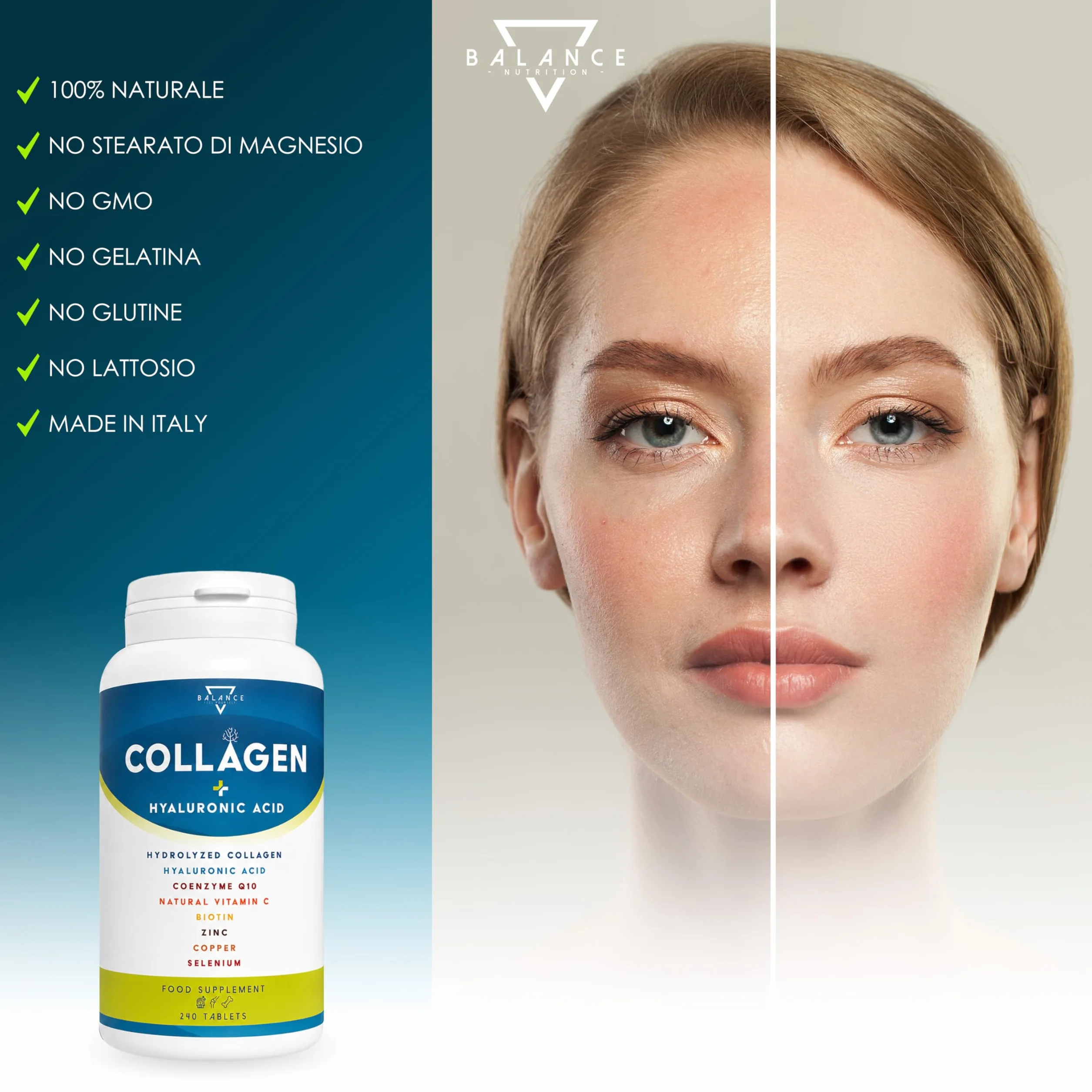 Collagene Idrolizzato 2000mg 240 Compresse con Acido Ialuronico, Coenzima Q10, Vitamina C, Biotina e Zinco