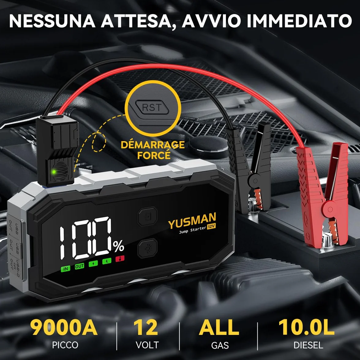 YUSMAN Avviatore Batteria Auto 9000A, 12V Booster Avviamento Portatile per Auto fino a 10.0L, Jump Starter con Cavi Intelligenti, Power Bank USB-C