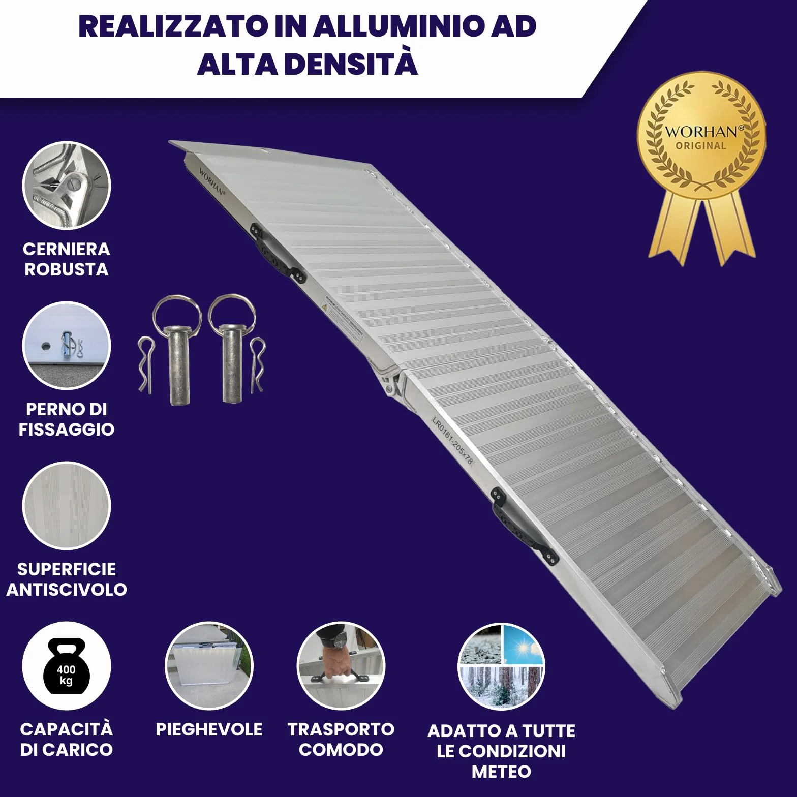 Rampa di Carico 400kg Moto a Valiglia Robusta 205cm Estrema Rigidità Pieghevole in Alluminio per Sedia a Rotelle Piattaforma Superficie Ultra Antiscivolo Flight Case Trasporto Eventi Larga HR7