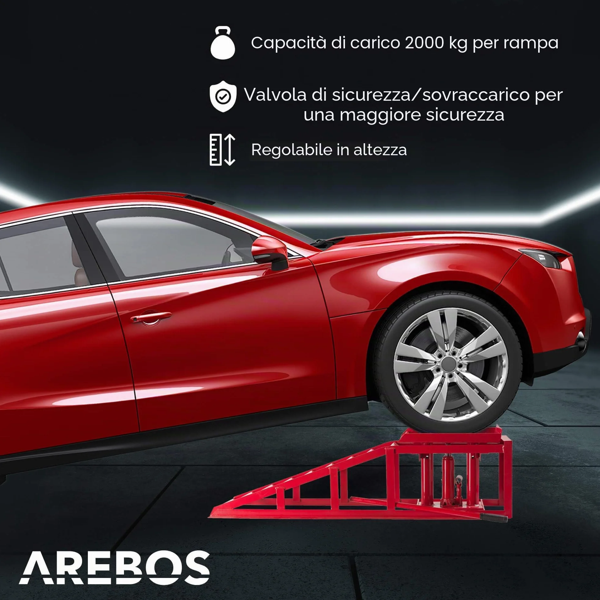 Arebos Rampa Sollevamento per Auto Veicolo | Rampe di carico |Pedane auto | Rampa per auto | 2T Jack | Martinetto Idraulico Regolabile