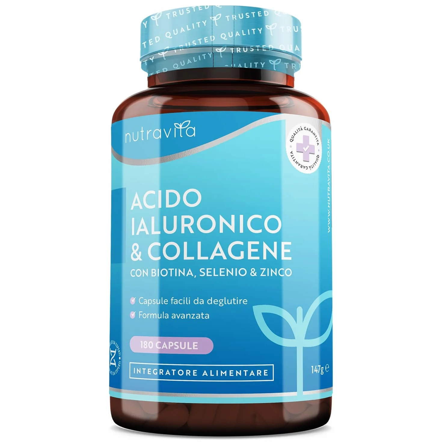 Nutravita Collagene e Acido Ialuronico Integratore 180 Capsule 1000mg + 200mg Vitamina C Biotina Zinco Selenio Capelli Pelle Unghie