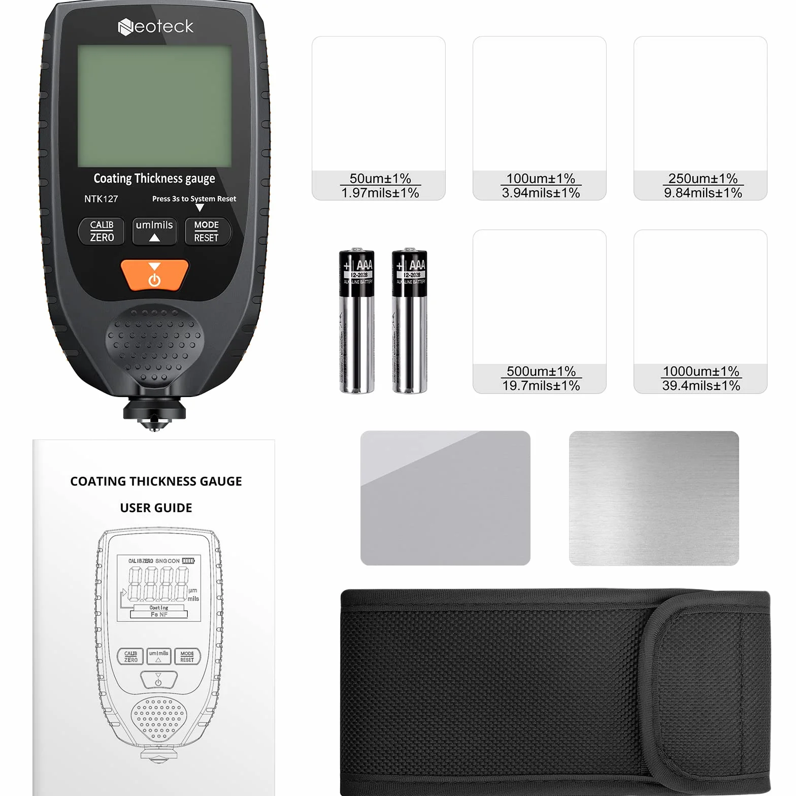 Neoteck Spessimetro per Vernice Auto Digitale 0-1500um Handheld LCD Misuratore di Spessore del Rivestimento Set Tester di Spessore della Vernice per Auto di Metallo Sonda Fe NFe - Arancione