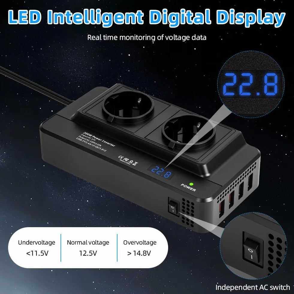 Inverter Auto 12V-220V 200W Convertitore di Tensione con 2 Prese CA e 4 Porte USB Display Digitale