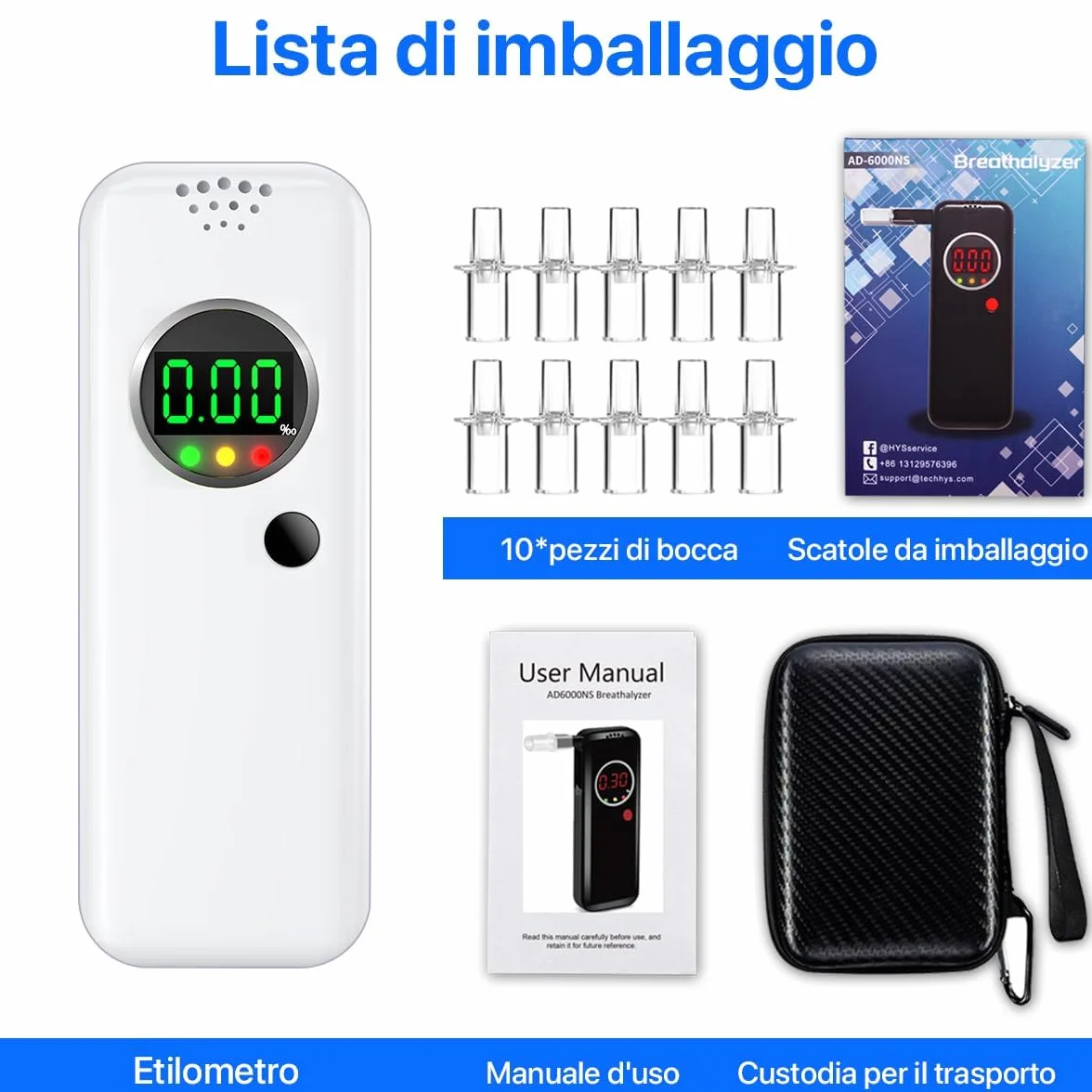 Etilometro Portatile Certificato, Alcol Test con Display LCD a Colori Digitali, Etilometro per Uso Domestico e Professionale, Codice Della Strada, Tester di Alcol con Bocchetti di 10 Pezzi (Bianco)