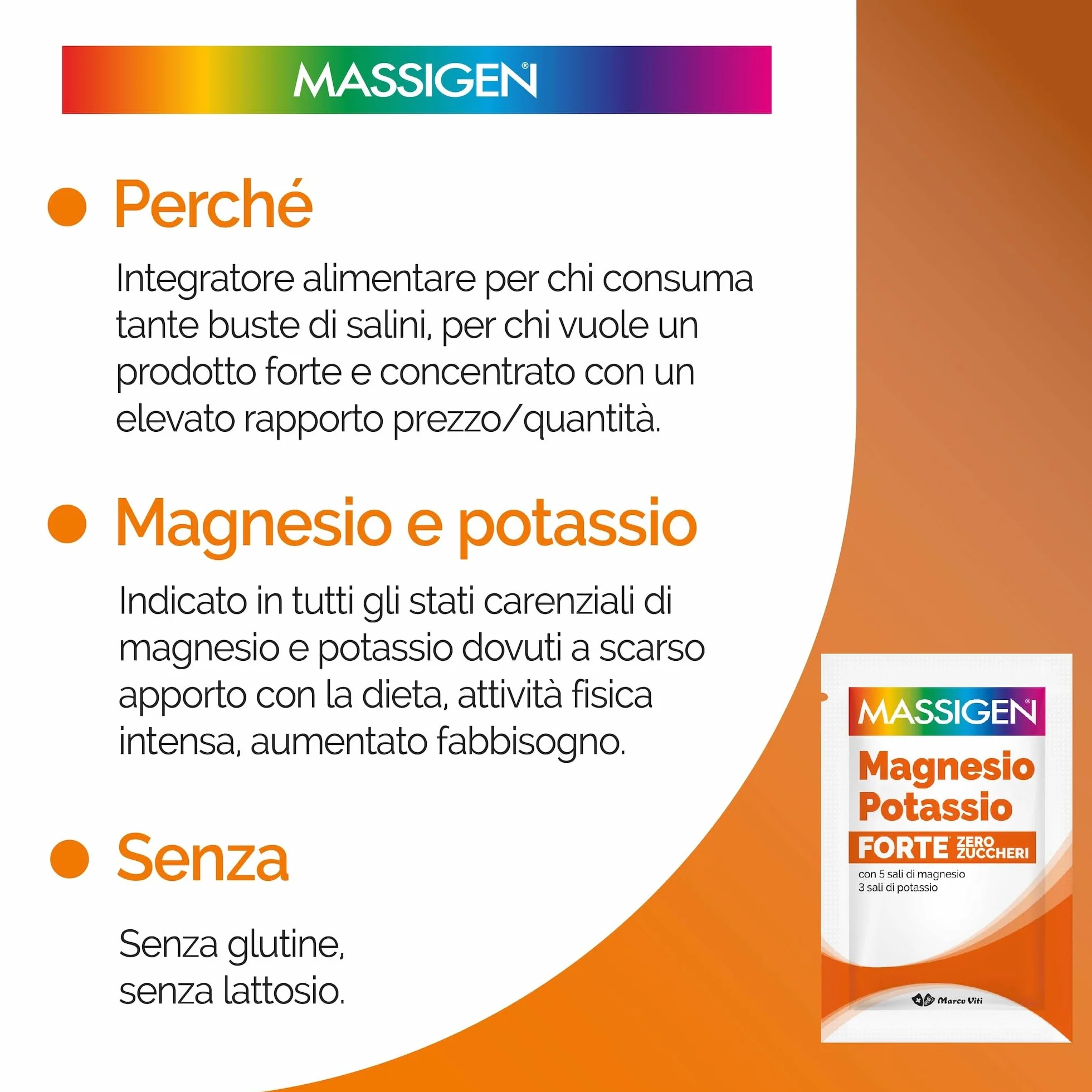 Massigen Magnesio e Potassio Forte Zero Zuccheri Gusto Arancia Rossa Integratore 24 Bustine