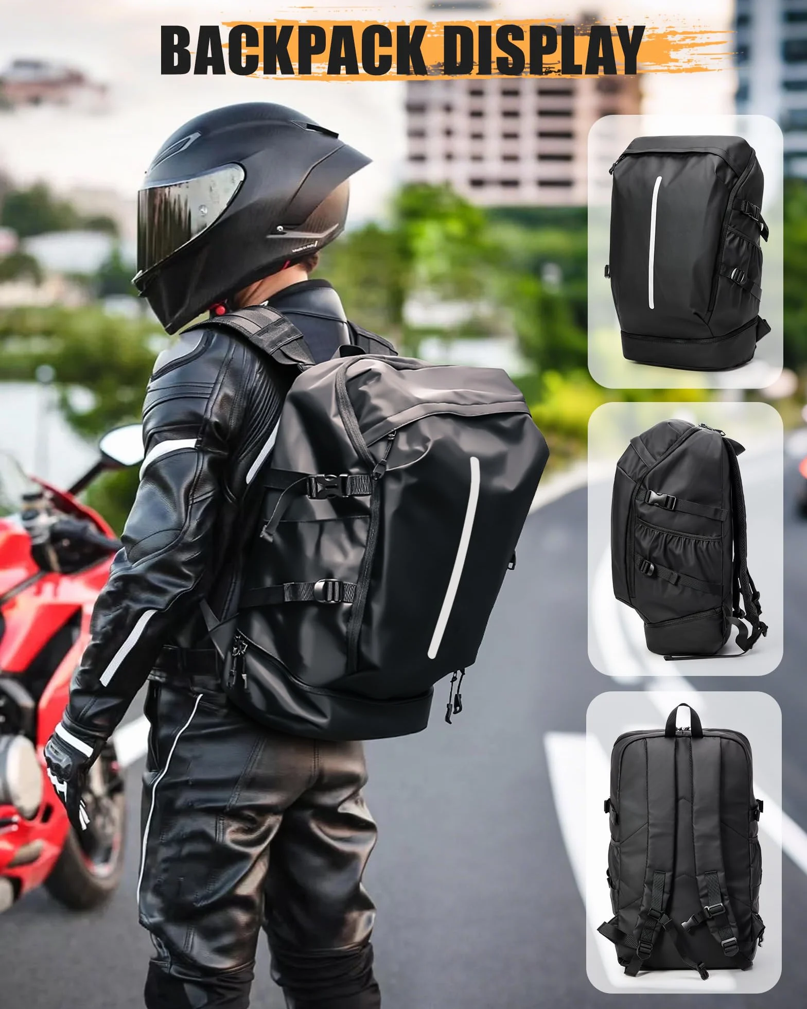 Zaino da Moto Impermeabile Grande con Scomparto per Scarpe, Nero