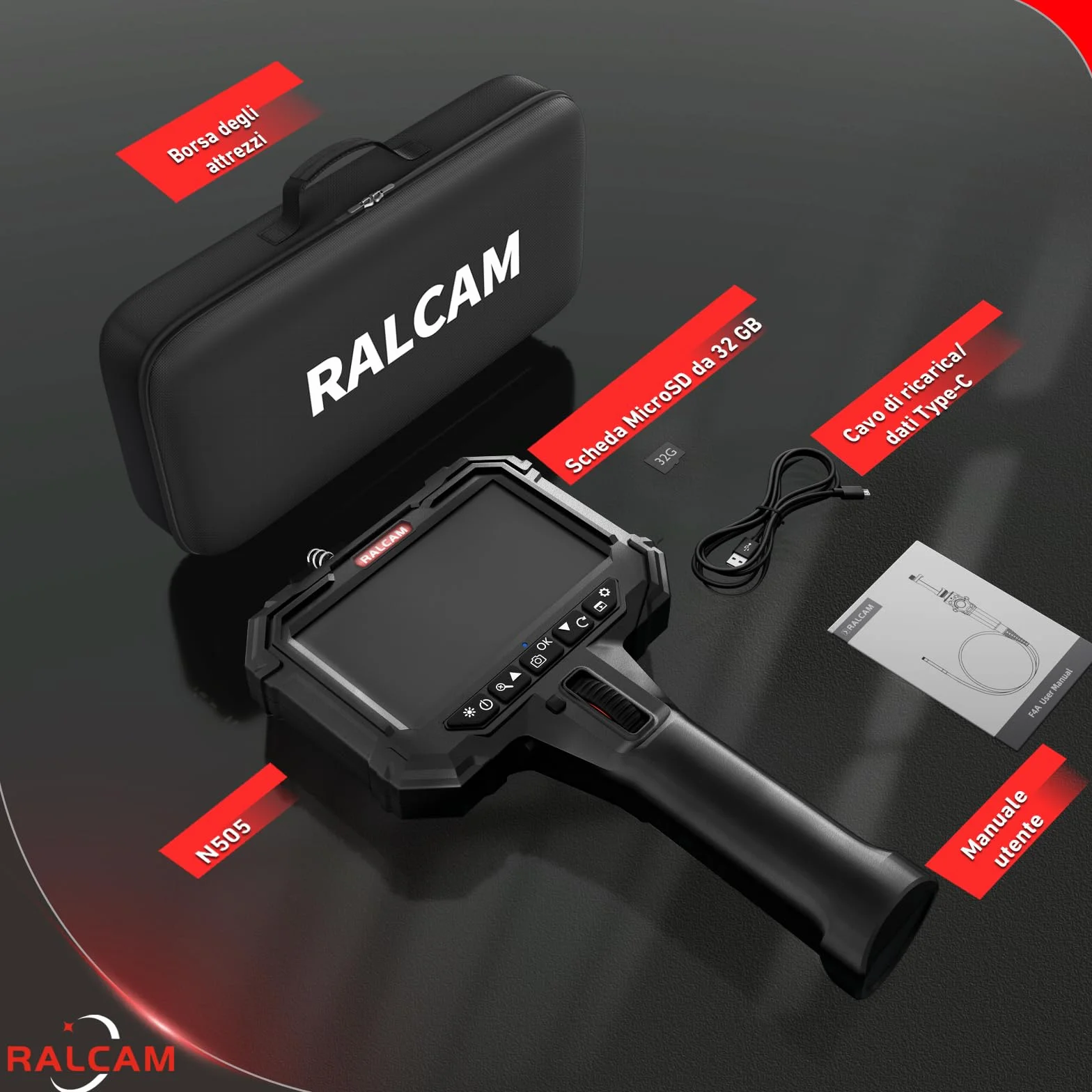 Ralcam Fotocamera Endoscopia IP67 con Testa Mobile 210°, Sonda 5,5mm, Schermo HD 5", Tubo 1,5M