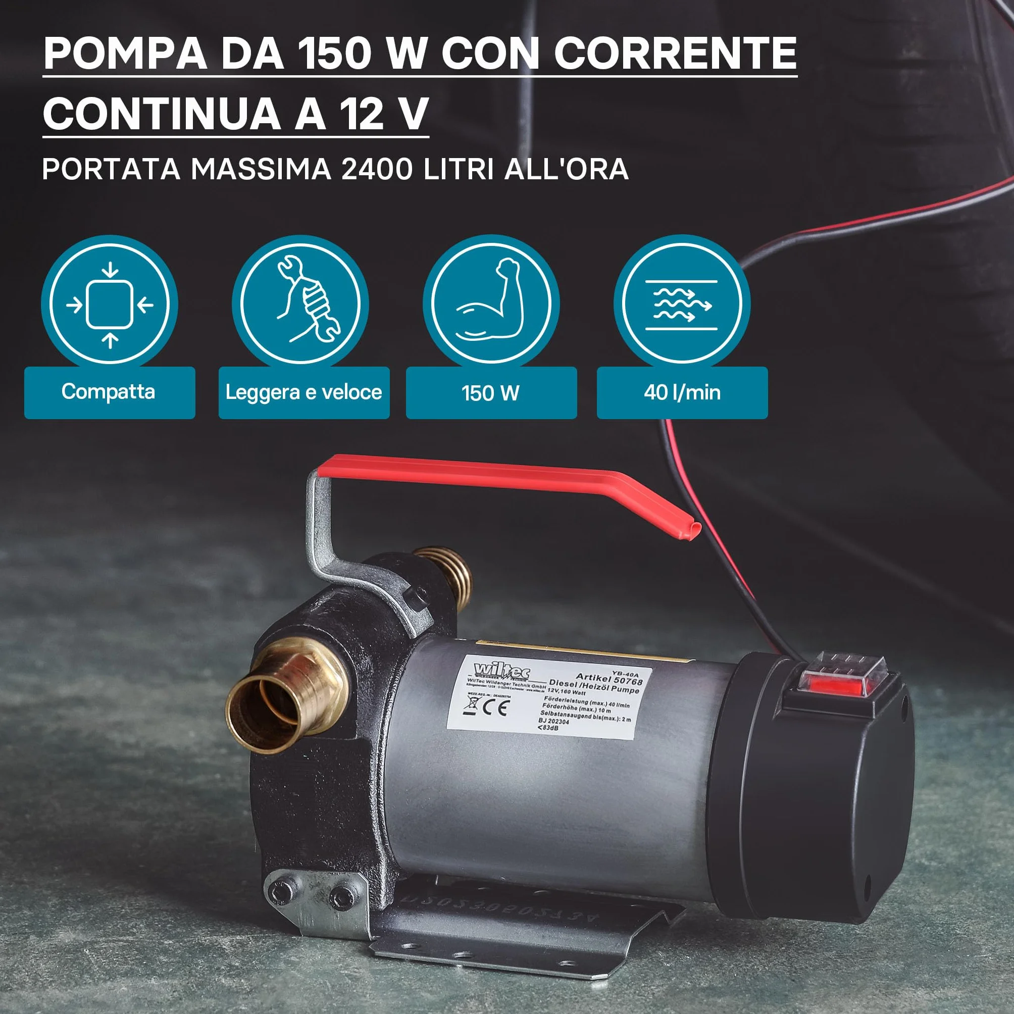 WilTec Pompa autoadescante per diesel gasolio 12 V 150 W 40 l/min