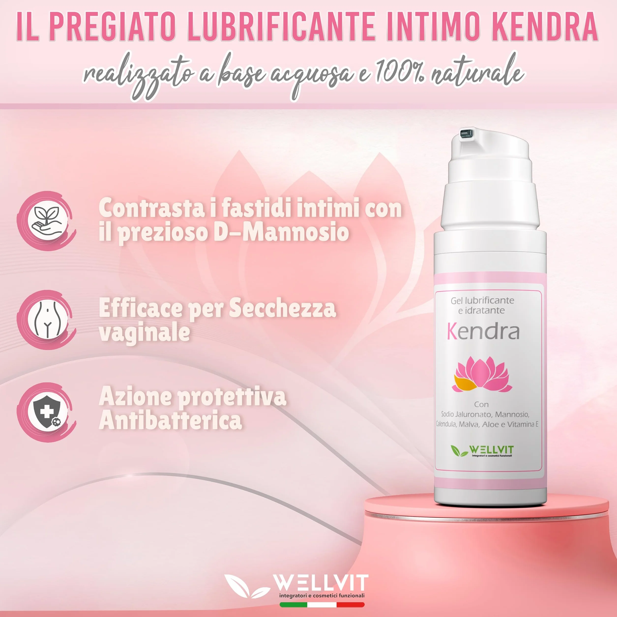 KENDRA Pregiato Lubrificante Intimo all'Acqua Idratante 100% Naturale, Gel Lubrificazione Vaginale con D Mannosio, Made in Italy 50ml
