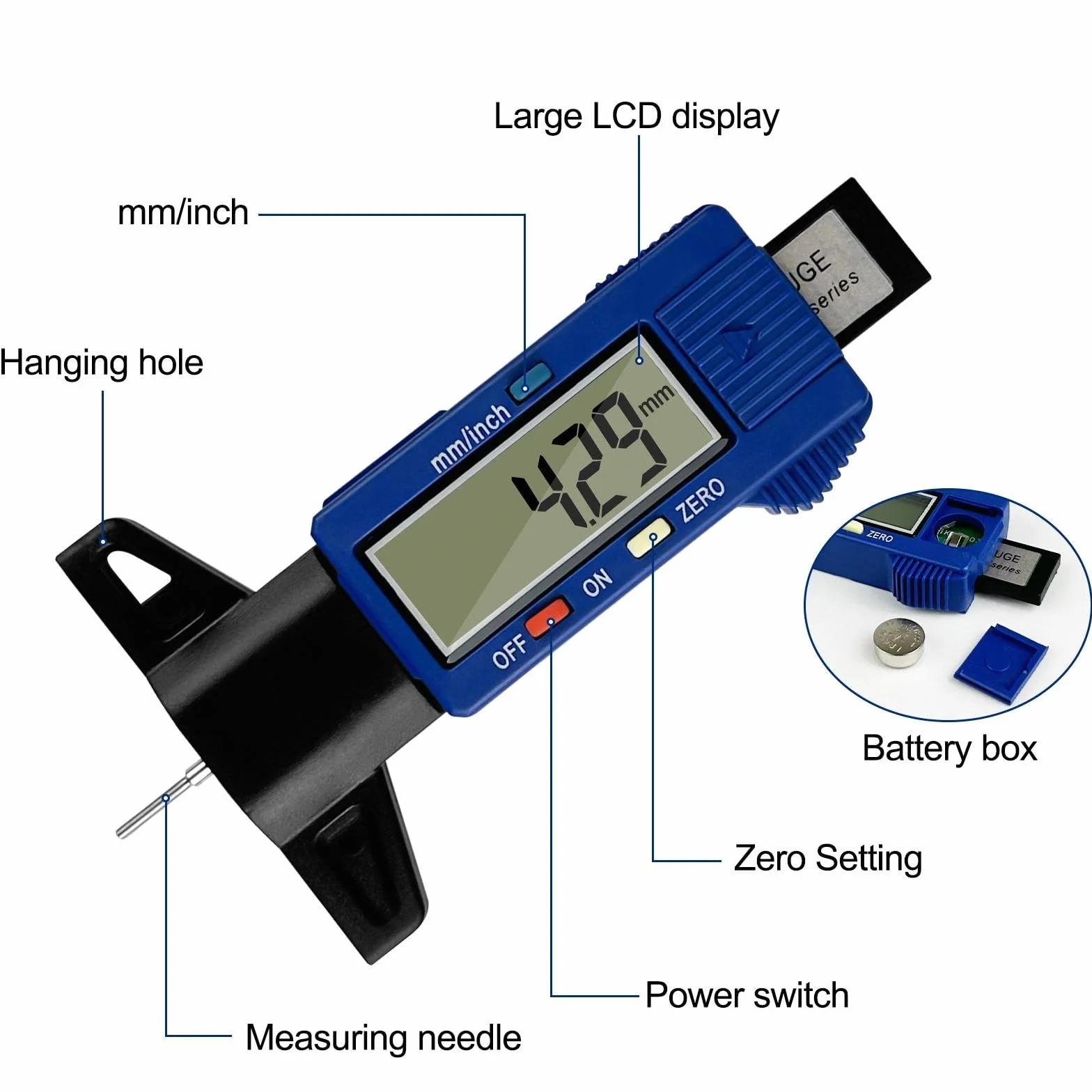 Gvolatee Misuratore Battistrada Pneumatici, Profondimetro Digitale con LCD, Strumento Misuratore Profondità per Auto, Furgoni, Camion e Moto (Blu)