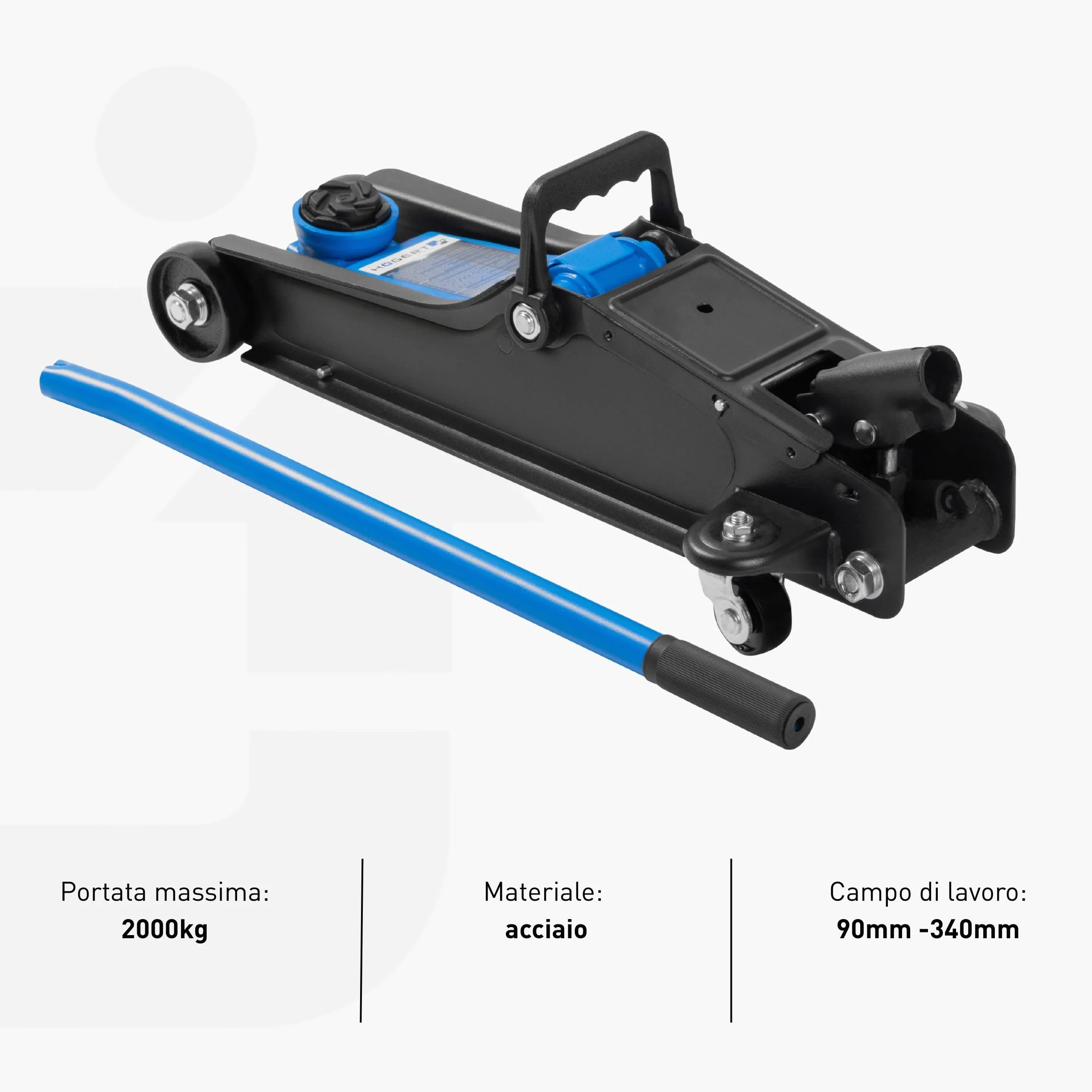 HÖGERT TECHNIK Cric idraulico piatto 2T, altezza 90-340 mm, acciaio, ruote, valvola sicurezza, sollevatore auto