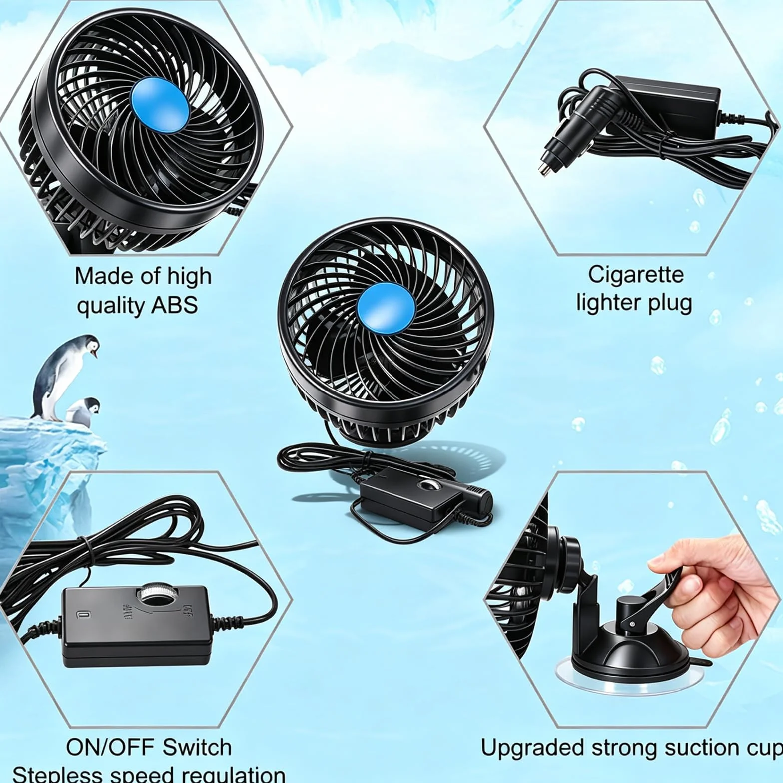 Ventilatore Auto 12V 4.5" Ventola Elettrica Silenziosa Rotazione 360° Regolabile Velocità Continua per Camion Furgoni SUV