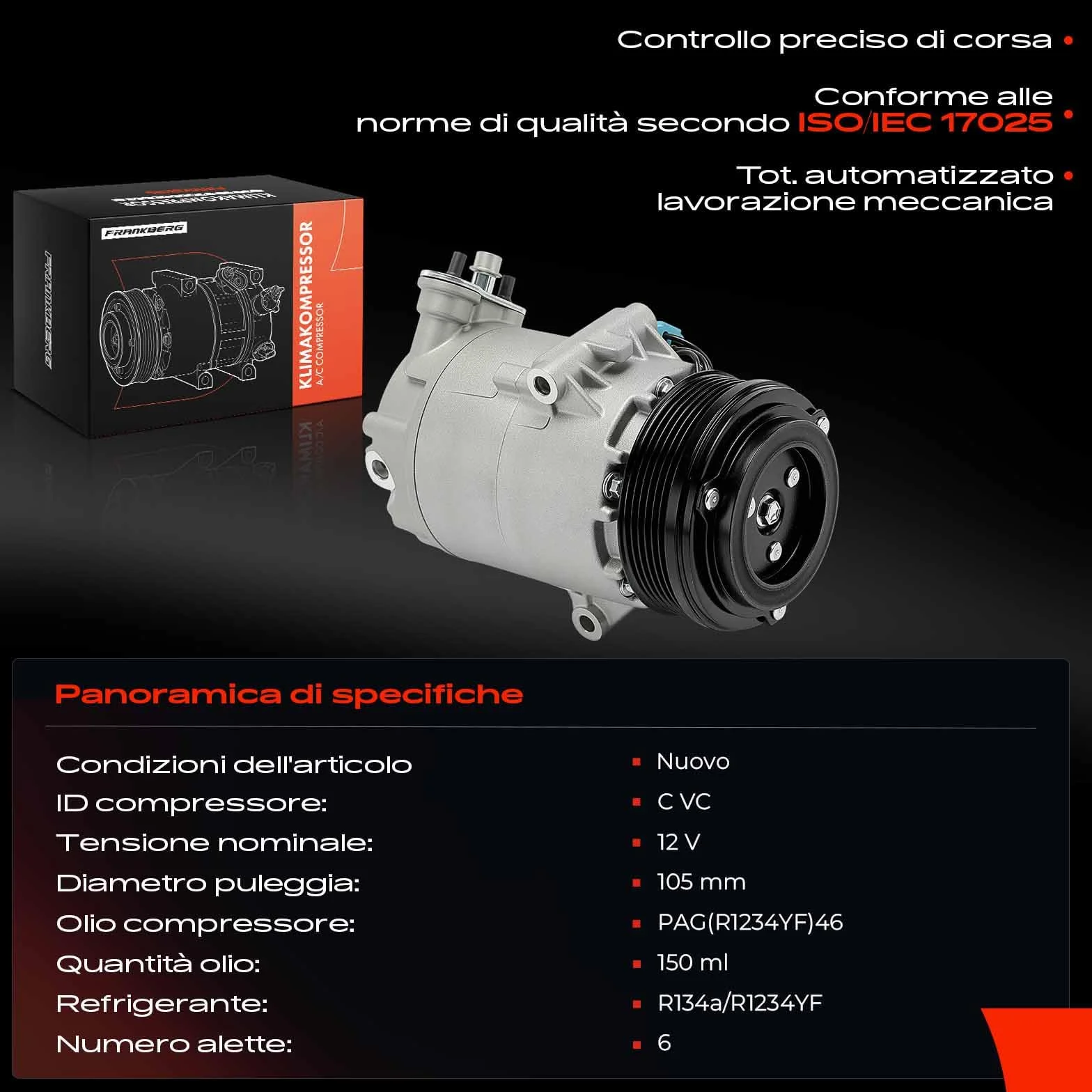 Frankberg Compressore aria condizionata con frizione Compatibile Corsa C X01 Astra G T98 F70 F35 Meriva X03 Zafira A T98 Combo