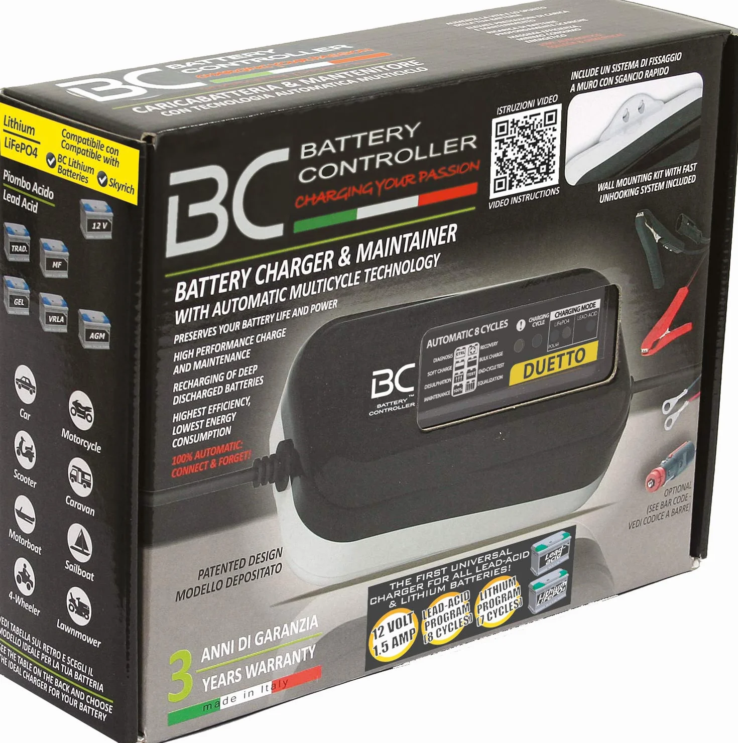 BC Battery Controller DUETTO Caricabatterie/Mantenitore Intelligente 1.5 Amp per Batterie 12V Litio e 12V Piombo-Acido, adatto per Moto, Scooter e per tutte le batterie fino a 100Ah