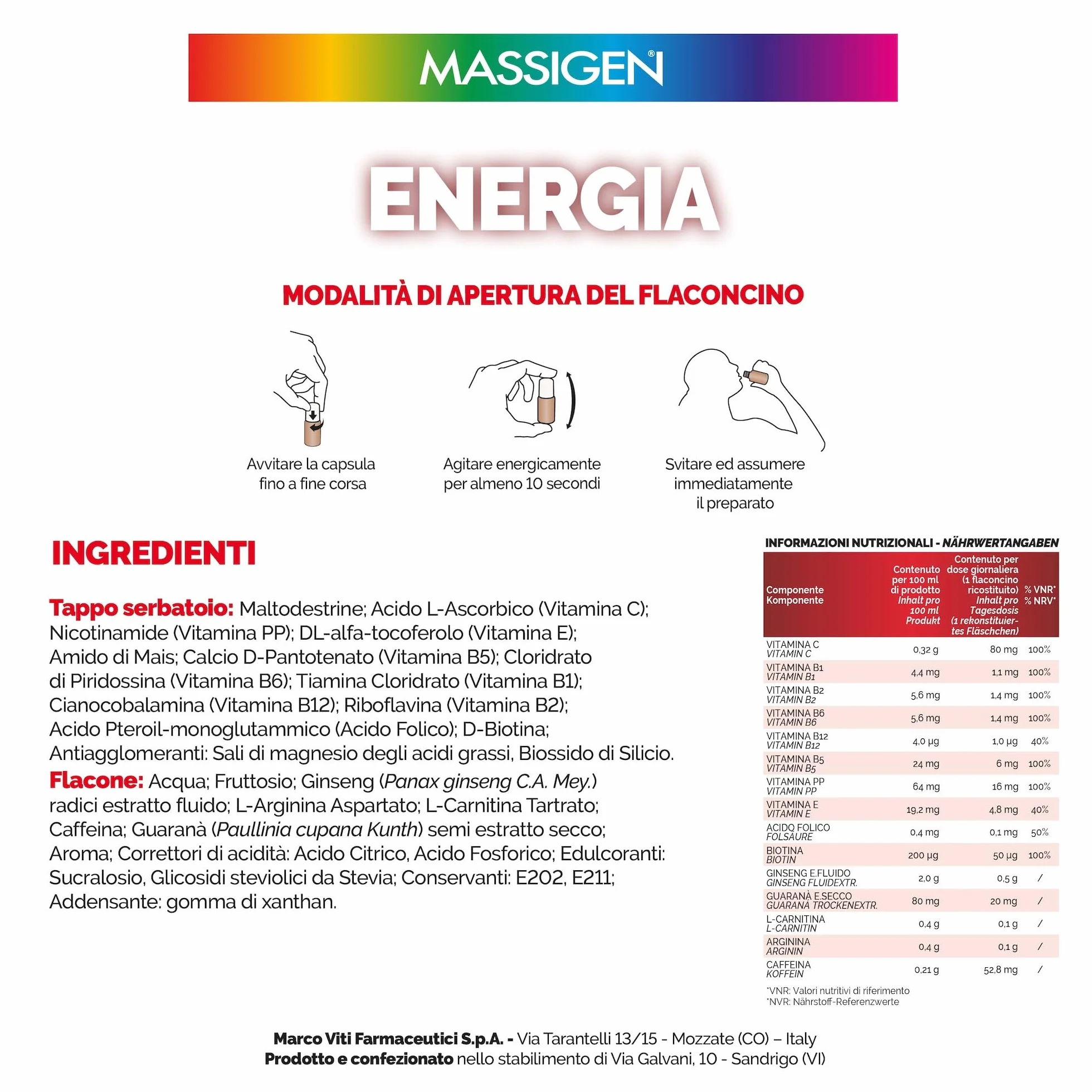 Massigen Tonico Energia Integratore Energetico con Ginseng e Guaranà 10 Flaconcini 25 ml Senza Glutine