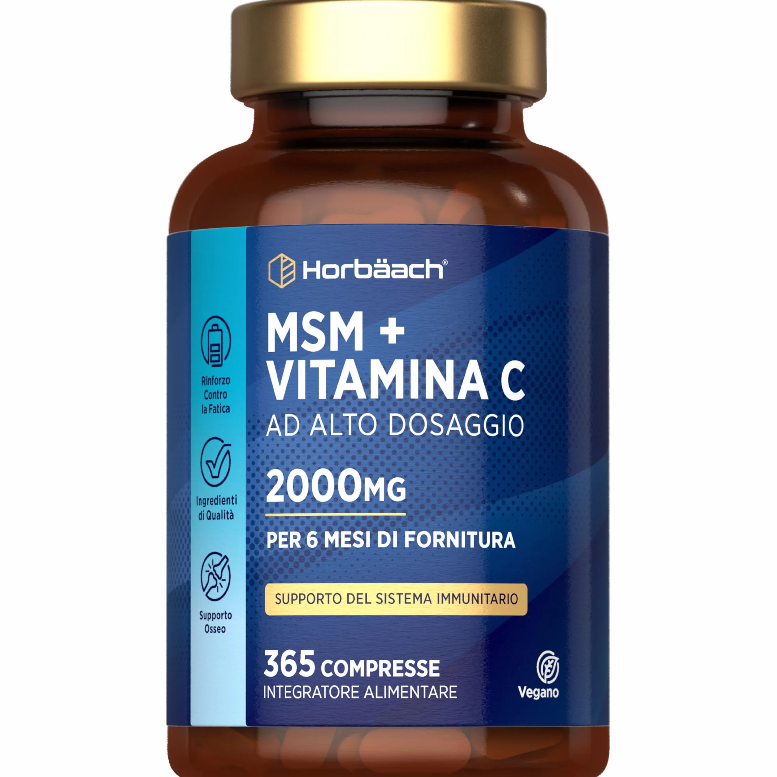 Horbaach MSM 2000mg con Vitamina C 365 Compresse Vegane Metilsulfonilmetano Acido Ascorbico Alto Dosaggio