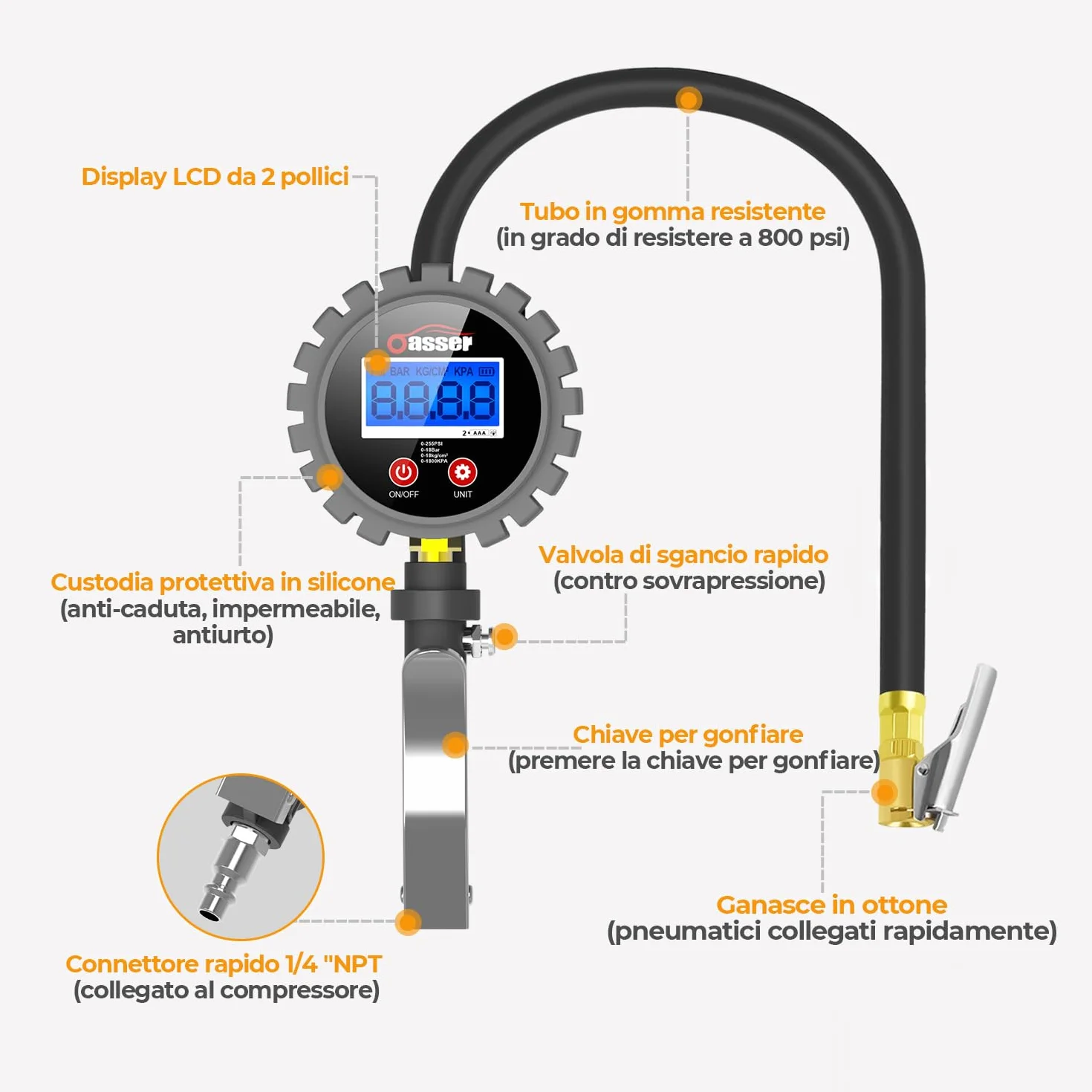 Oasser Manometro Pressione Gomme Professionale, Manometro Digitale, Pistola Gonfiaggio Pneumatici 255 PSI Alta Precisione con Luce a LED e Schermo LCD per Auto, SUV, Camion, Moto e Biciclette