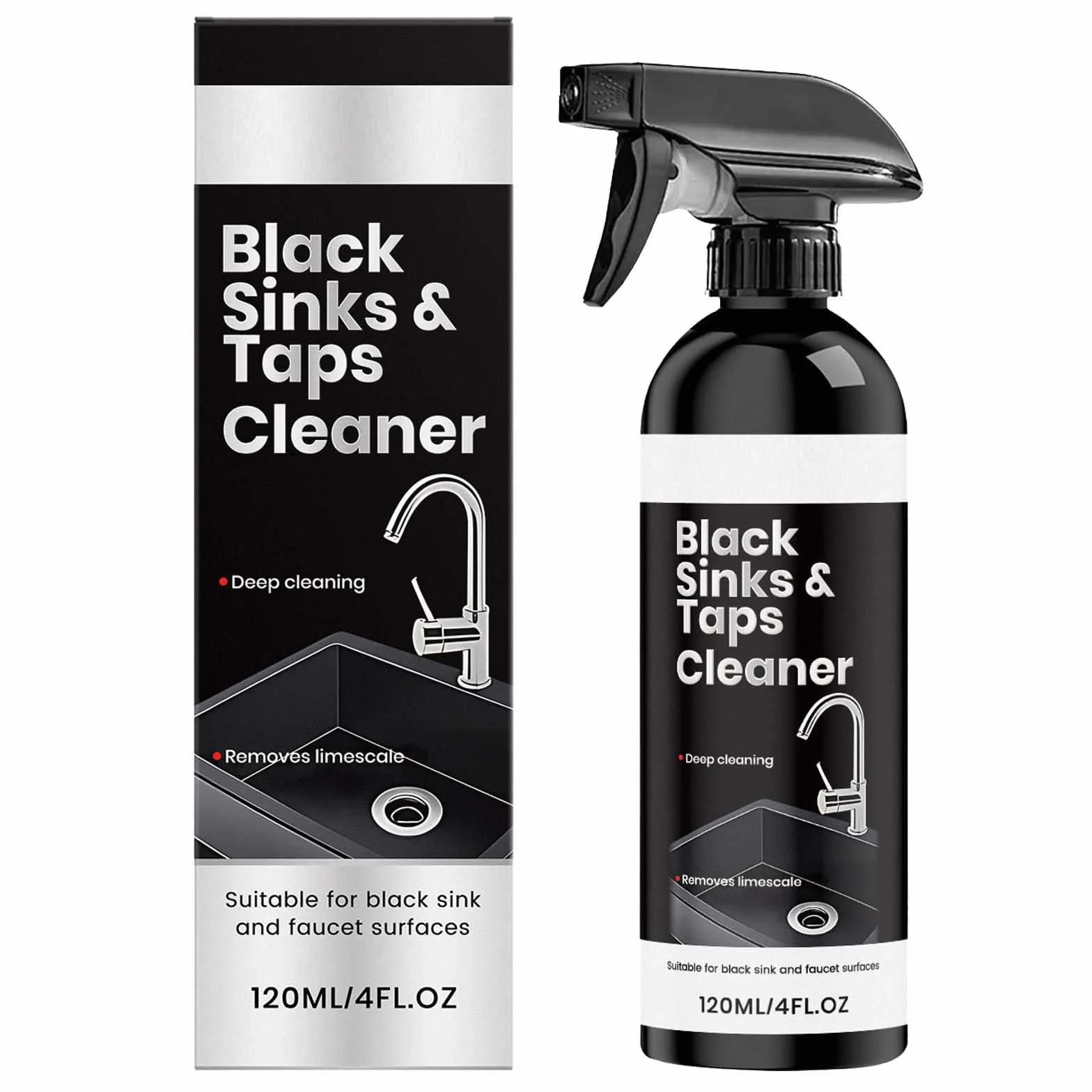 Detergente spray anticalcare per lavello nero e rubinetti neri, potente, per cucina e bagno (1 pezzo)