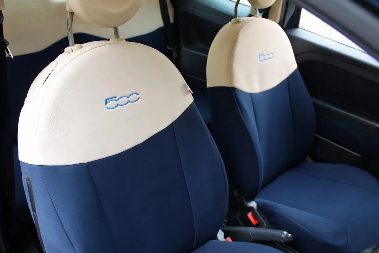 Italfodere Coprisedili Auto Compatibili con Fiat 500 – Fodere Complete Blu/Panna (Posteriore Intero (4 Poggiatesta))