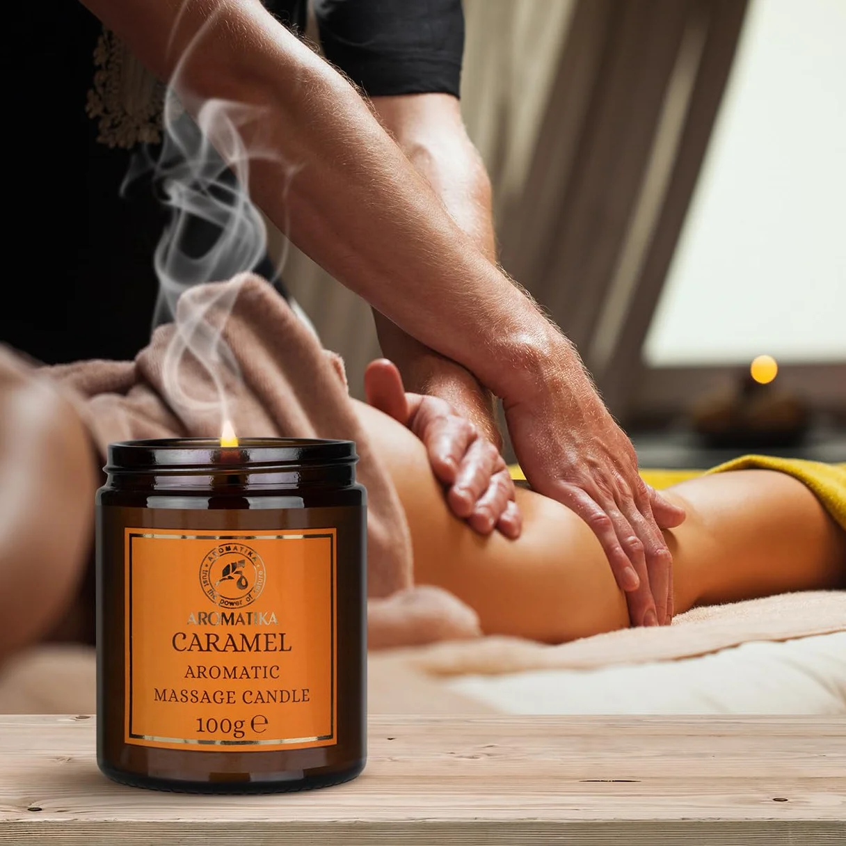 Candela da Massaggio Caramello 100g Cera di Soia Oli Cocco Mandorle Vaniglia Aromaterapia