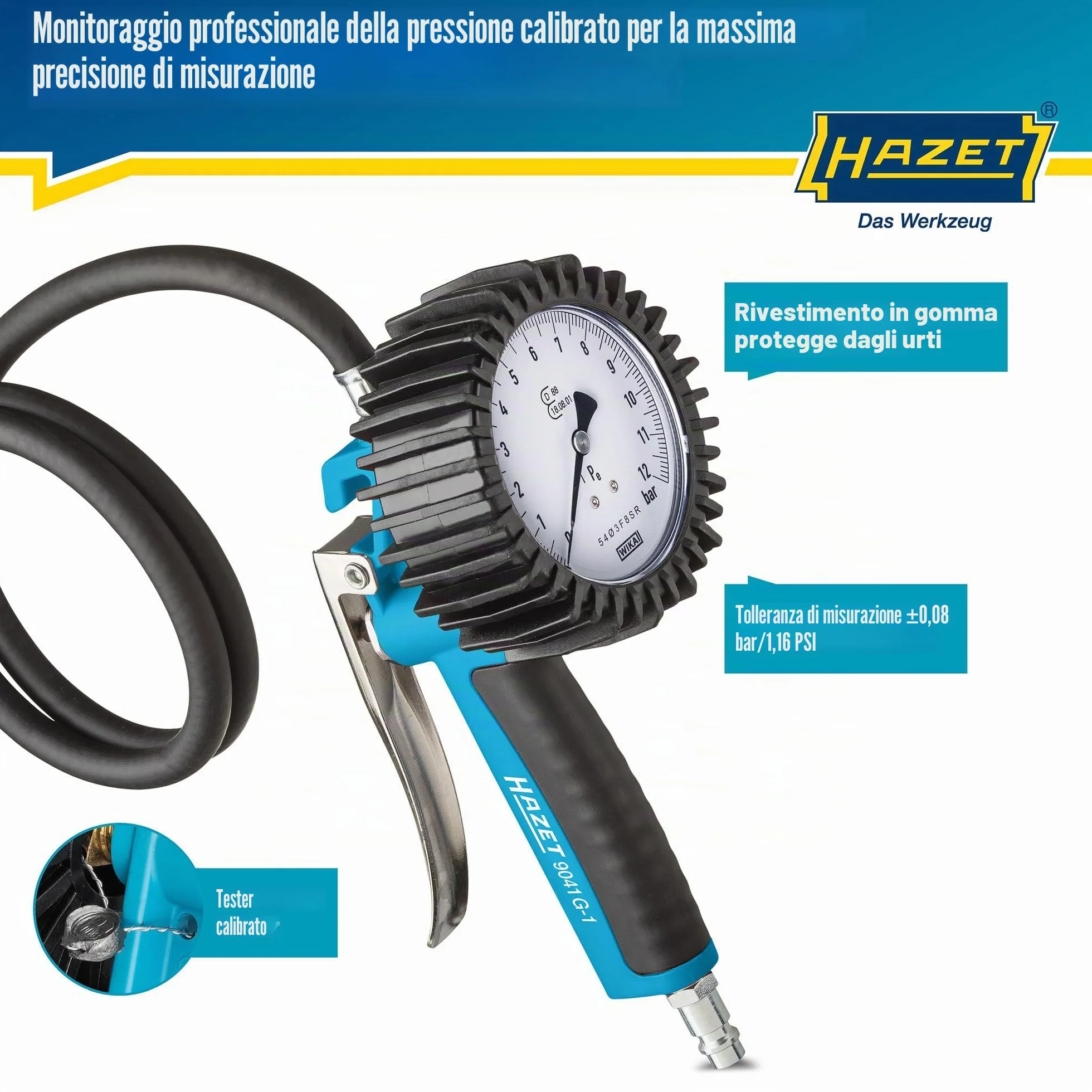 Manometro per pneumatici HAZET 9041G-1, Calibrato, di facile lettura, campo di misurazione del manometro: 0-10 bar, lunghezza del tubo flessibile: 1000 mm, diametro del manometro: 80 mm