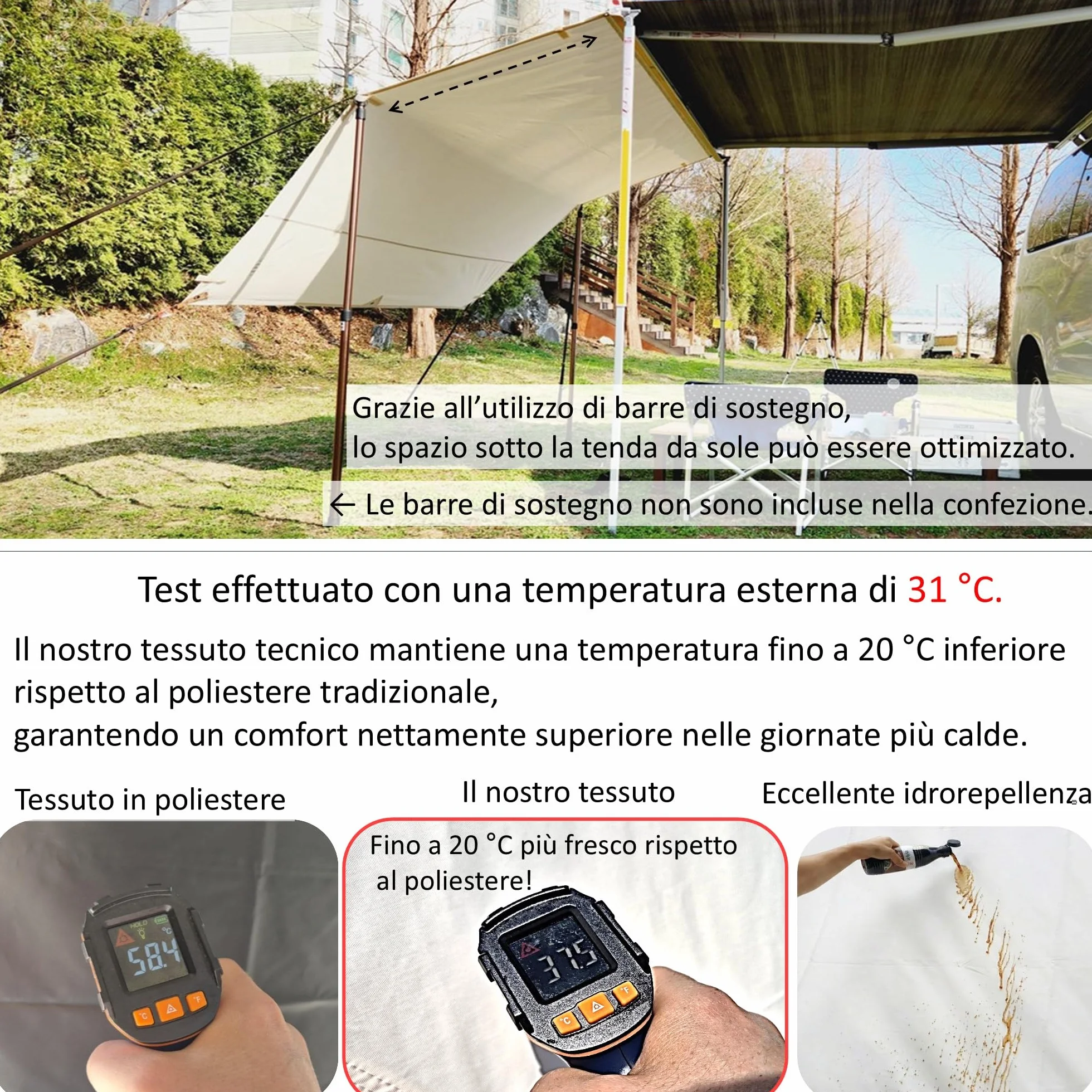 Fiamma F45 AIRIS Parete Anteriore Tenda da Sole Camper 390x190 cm Tessuto Misto Cotone Avorio Impermeabile Protezione UV