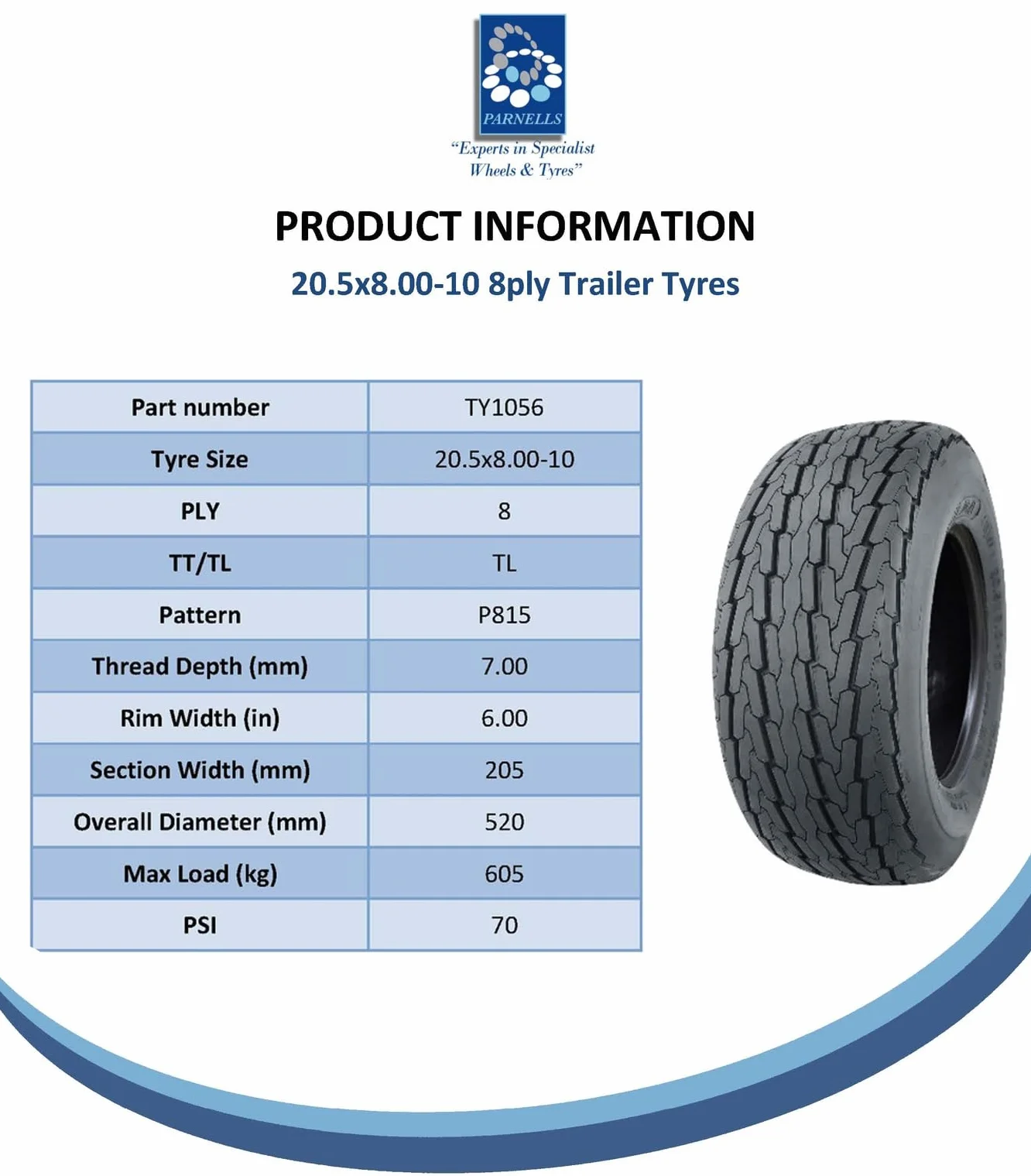 Parnells Ruote Complete per Rimorchio 20.5x8.0-10 Cerchio in Acciaio PCD 4 Pollici 4 Prigionieri 8 Strati Carico 605 kg