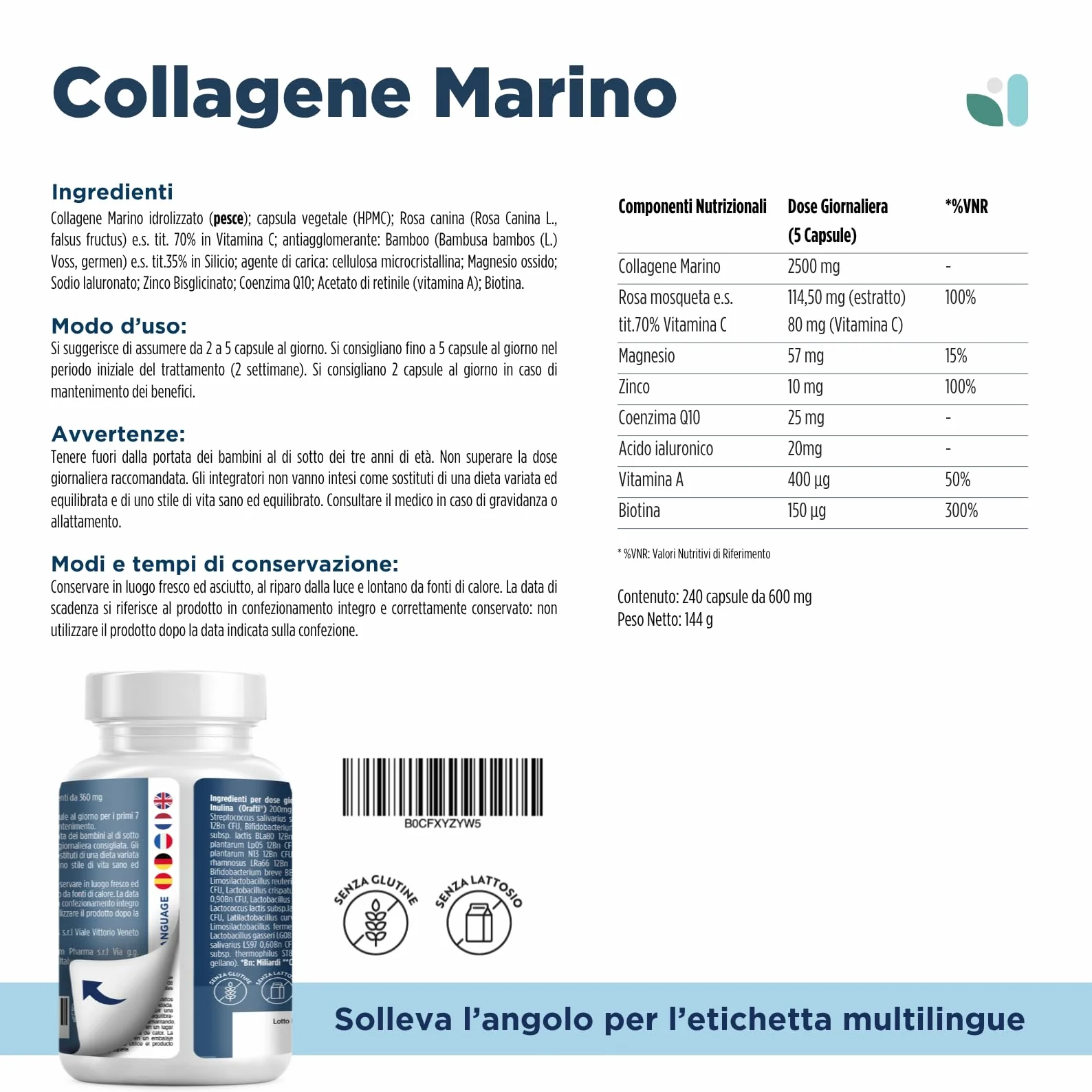 Collagene Marino con Acido Ialuronico 240 Capsule 2500mg Integratore Biotina Vitamina C Coenzima Q10 Pelle Capelli Articolazioni Wesalys