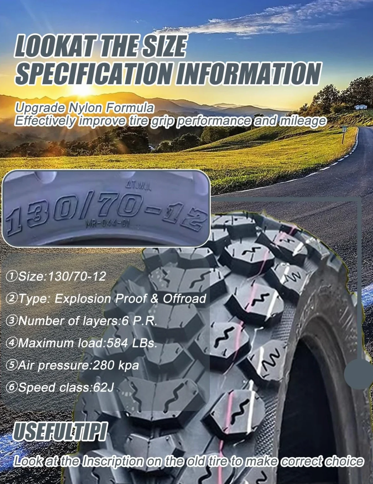 Pneumatico Tubeless per scooter/ciclomotore 130/70-12, cerchio da 12 pollici, 130/70/12 pneumatico resistente all'usura, usato fuoristrada, 6 P.R., 280 kPa, carico massimo 250 kg, 62 J