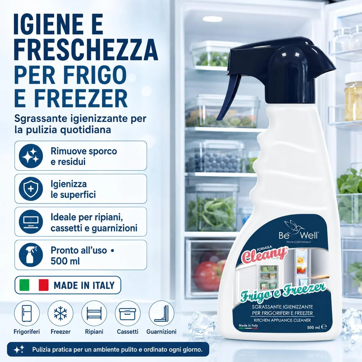 CLEANY Detergente Igienizzante Frigorifero Freezer Spray 500 ml Made in Italy