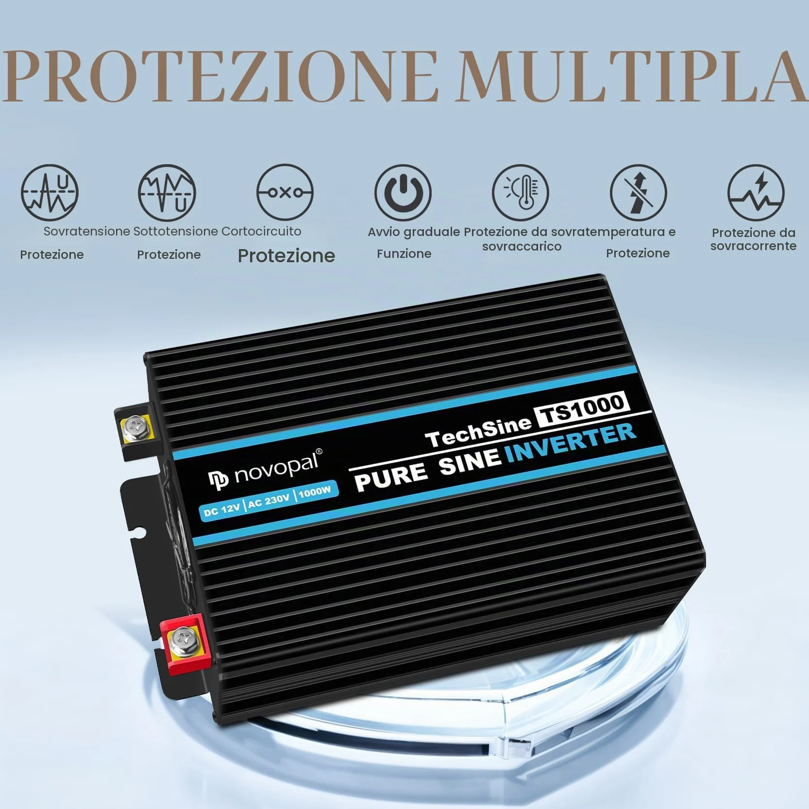 Novopal Inverter di Potenza 1000W Onda Sinusoidale DC 12V AC 220V 2 EU Presa USB Type-C
