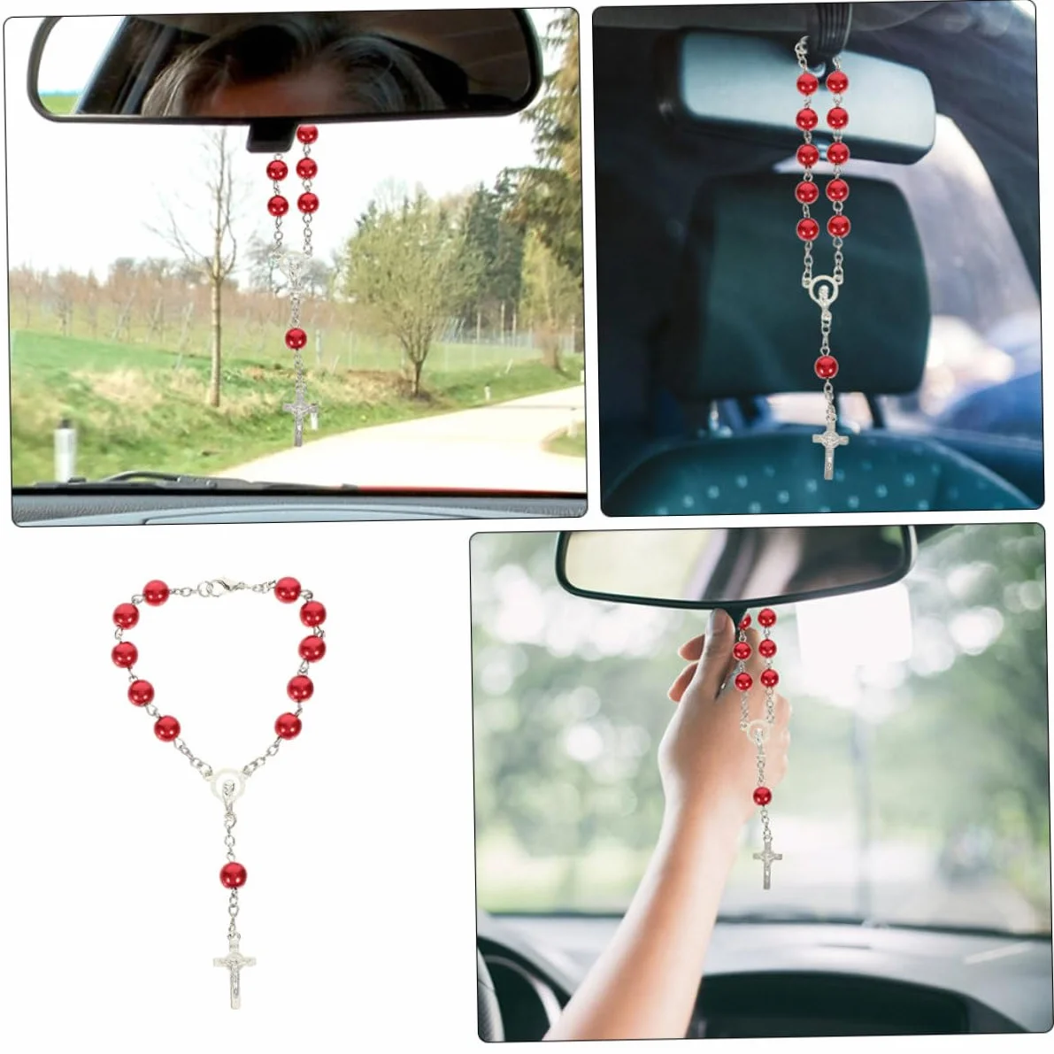 Rosario per Auto Specchietto Retrovisore Croce in Metallo Rosso, Set 2 Pezzi, Decorazione Religiosa Uomo Donna, Accessorio Interni Veicolo per Spiritualità e Stile Stili Multipli