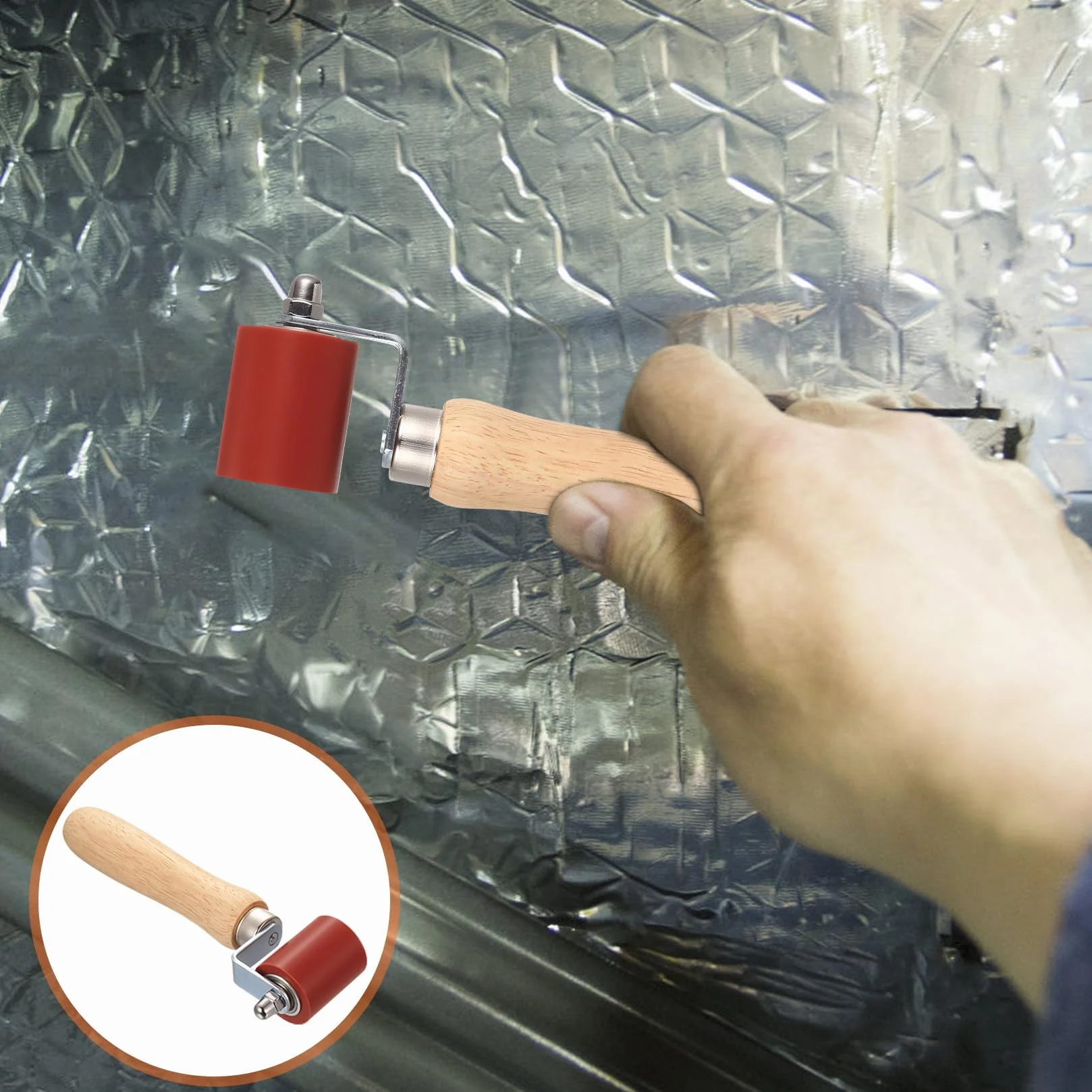 1 Pz Rullo per Cuciture Automobilistiche, 40 mm Rullo di Pressione in Gomma, Rulli per Cuciture in Silicone con manico in legno per isolamento acustico audio per auto, saldatura di bordi in PVC