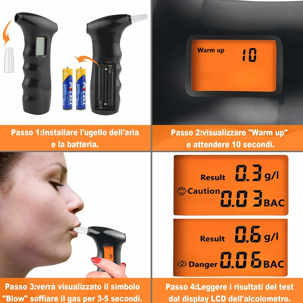 Etilometro Portatile, Alcol Test Portatile Digitale Professionale con Display a LED Incluso 10 ugelli, Nero (Alcool Test Portatile)