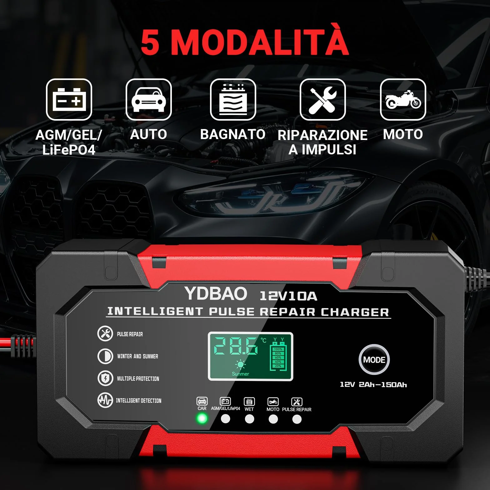 YDBAO Caricabatterie Auto 10A 12V Carica Batteria per Auto Moto Intelligente Multi Protezioni Riparazione di Moto Auto con Schermo LCD per AGM LiFePO4