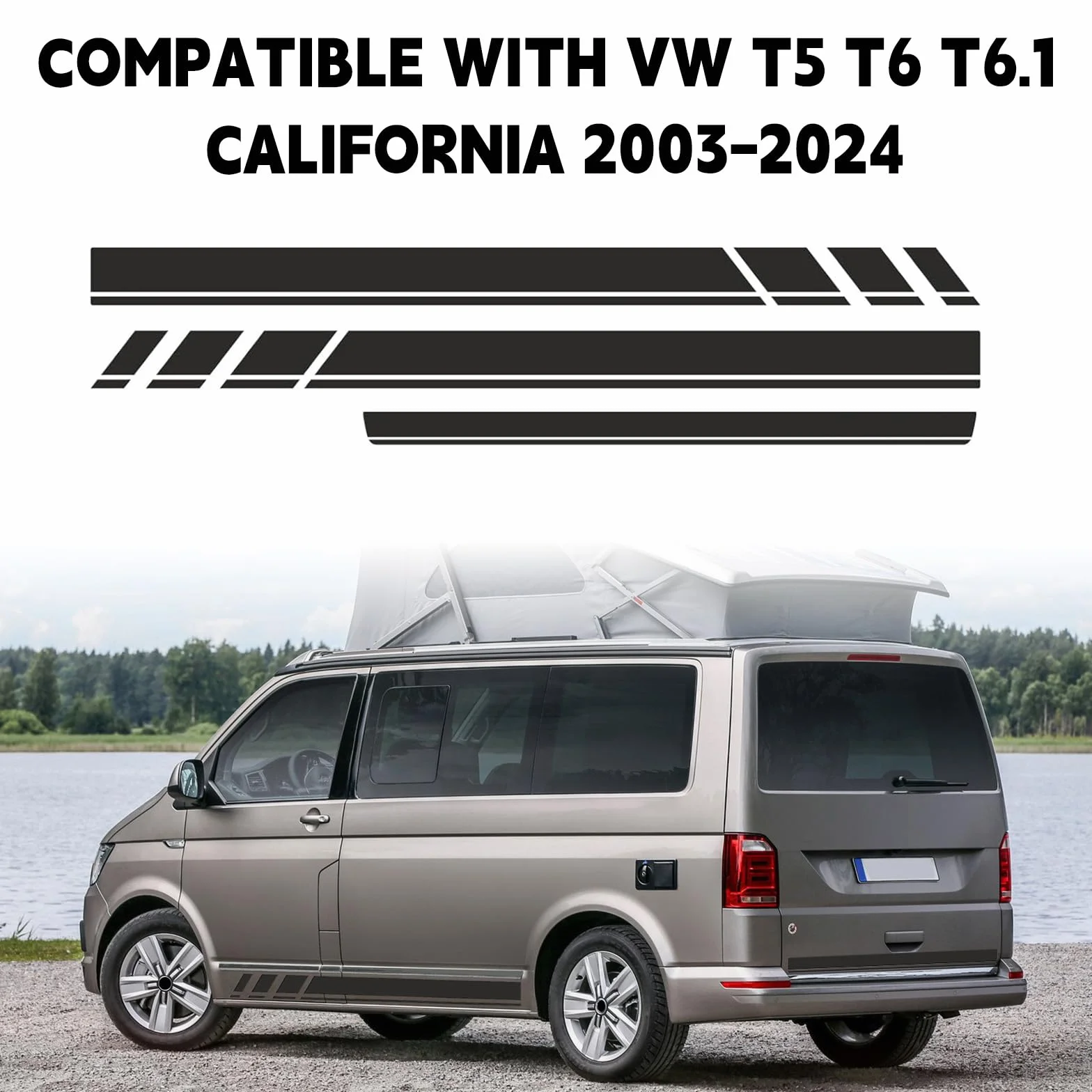 Strisce Laterali Sostituzione per VW T5 T6 T6.1 California 2003-2024, 2 Adesivi Laterali + 1 Adesivo Portellone Posteriore, Nero