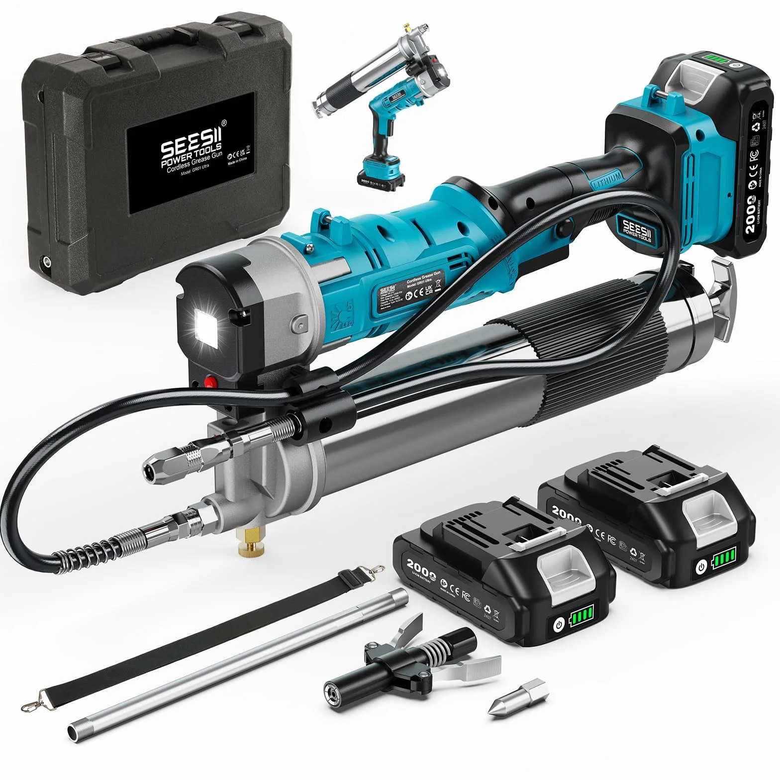 Seesii Innovativo Ingrassatore a Batteria 2-in-1: Ingrassatore Elettrico ad Alta Efficienza da 5,3 oz/min e 12000 PSI con 2 Batterie da 2,0Ah e Caricatore, Pistola per Grasso Facile da Usare