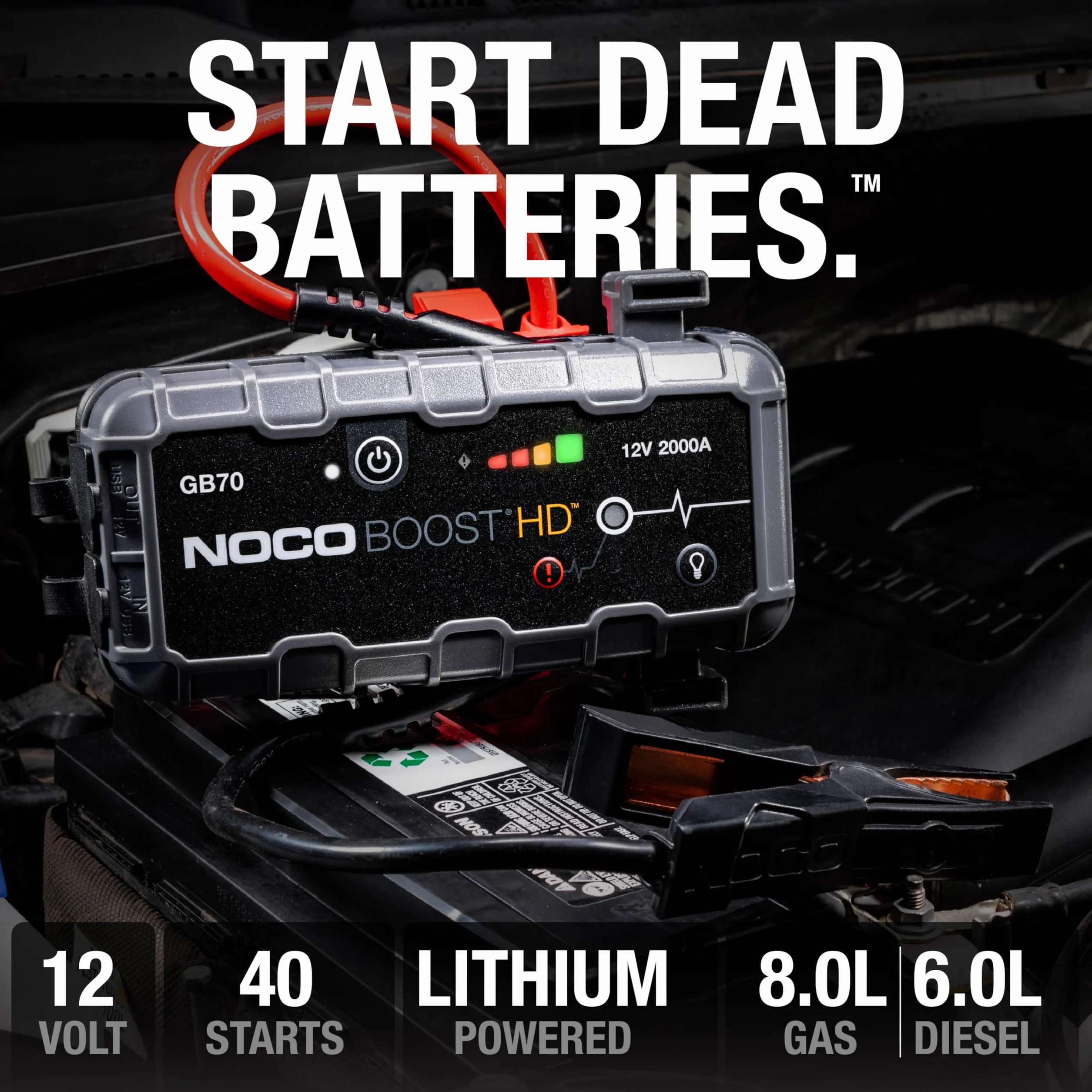 NOCO Boost GB70: Avviatore di Emergenza UltraSafe 2000A – Booster Batteria al Litio 12V, Caricabatteria Portatile Power Bank e Cavi Avviamento – Per Motori Benzina fino a 8.0L e Diesel fino a 6.0L