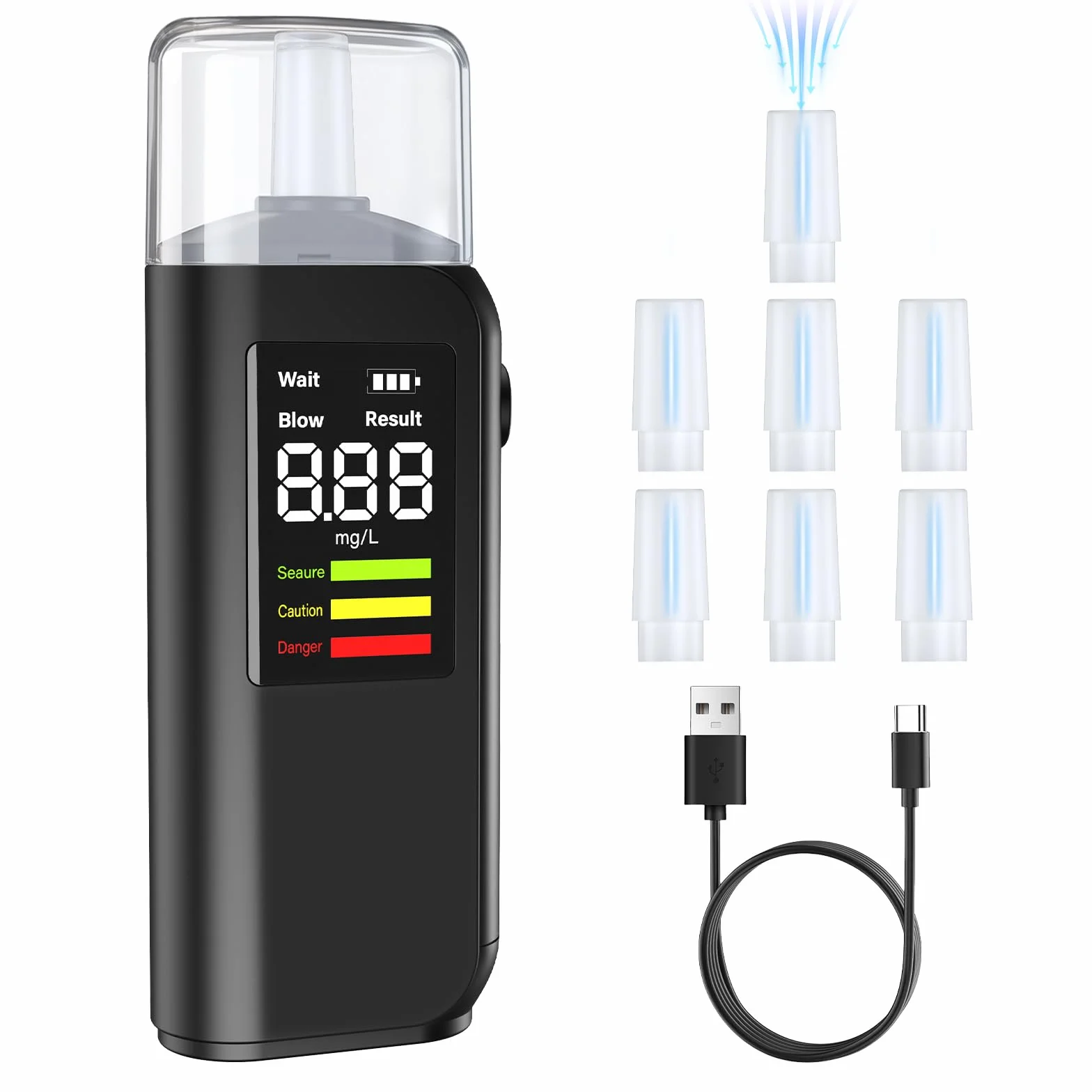 Etilometro Portatile Certificato CE, Alcol Test con Display Schermo LED, Alta precisione, Ricarica Type-C, Due metodi di Prova, con 8 bocchette, per Uso Personale Famiglia e Professionale