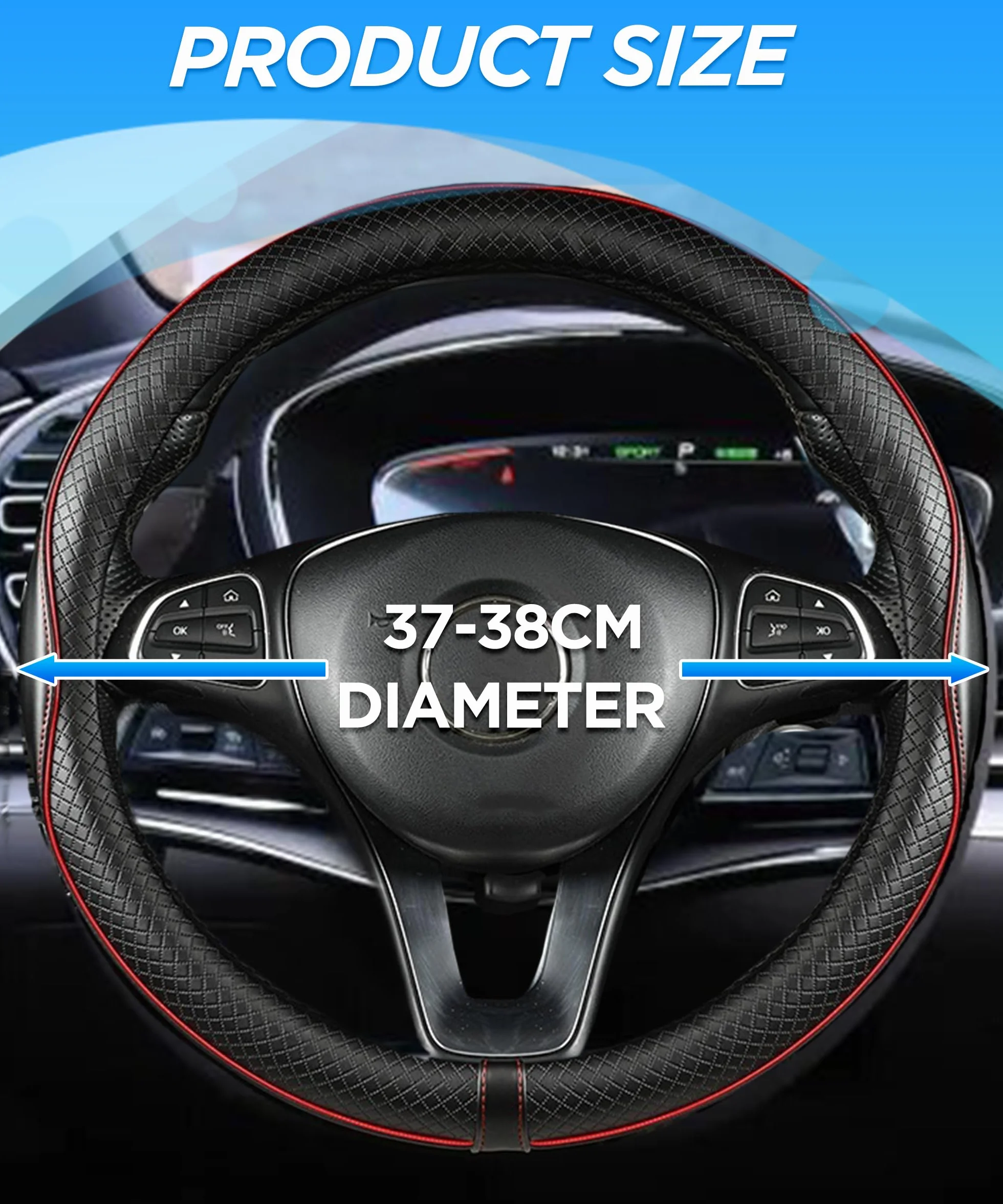 Coprivolanti per Auto,Copri Volante per Auto,Interni Accessori Autos,Universale Copri Sterzo Traspirante e Antiscivolo,Adatto per Volanti con Diametro Esterno da 37 a 38 cm (Nero-Rosso)