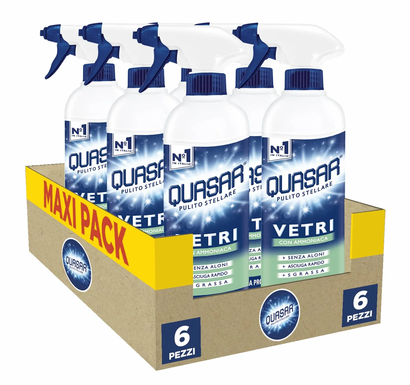 Quasar Vetri con Ammoniaca 6 Flaconi 750 ml Senza Aloni Asciuga Rapido Sgrassa