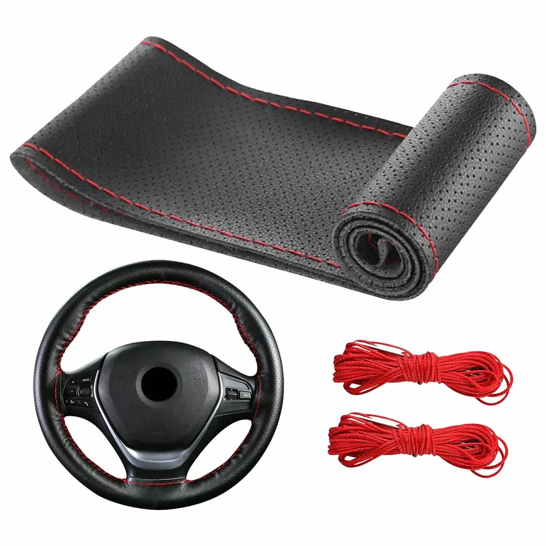 Coprivolante Auto in Pelle da Cucire, Foderatura per Sterzo 38cm con Perforazione Completa e Cucitura Rossa, Kit di Installazione Fai-da-Te per Guida Comoda e Sicura