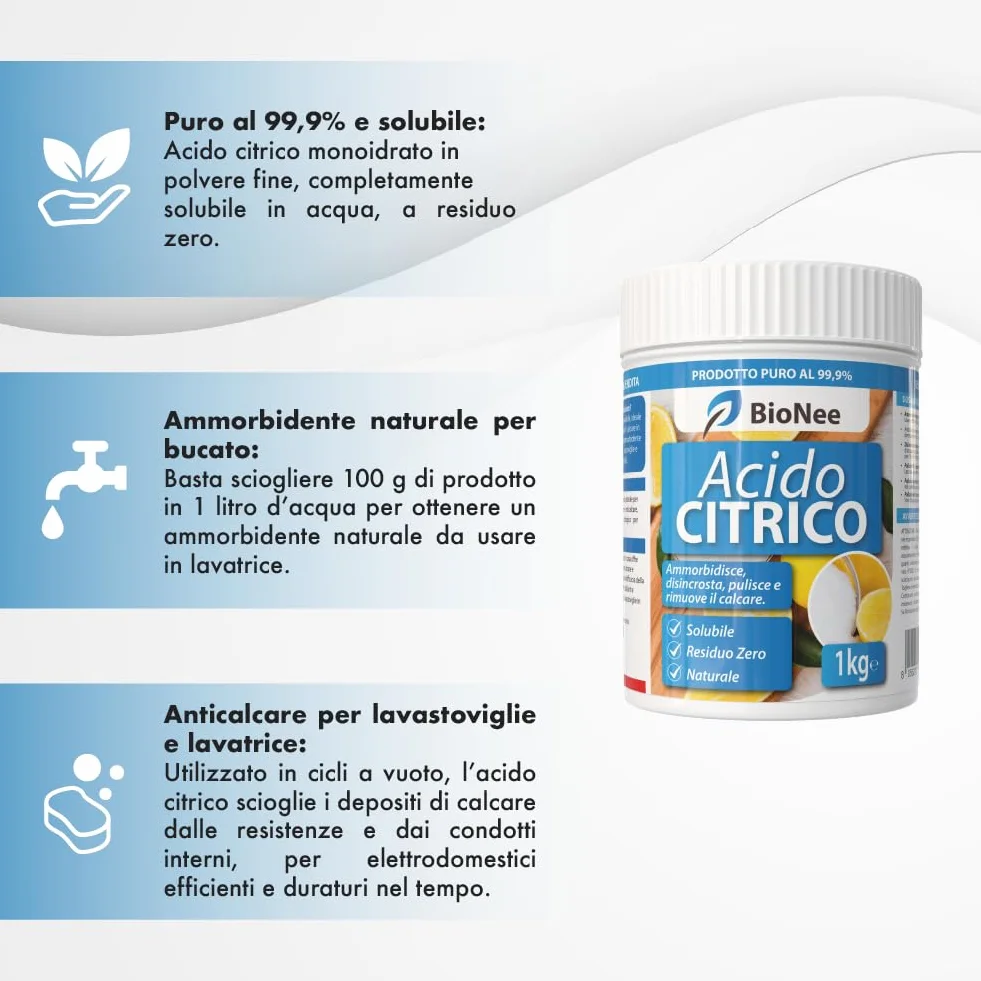 Acido Citrico Puro 1 kg Ammorbidente Lavatrice Anticalcare Disincrostante