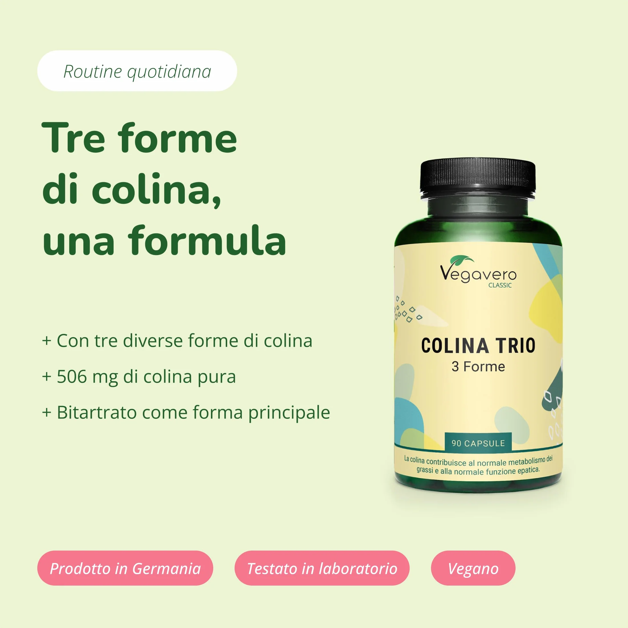 Vegavero® Colina Trio Bitartrato + Citicolina + Fosfatidilcolina per Fegato e Metabolismo Vegano
