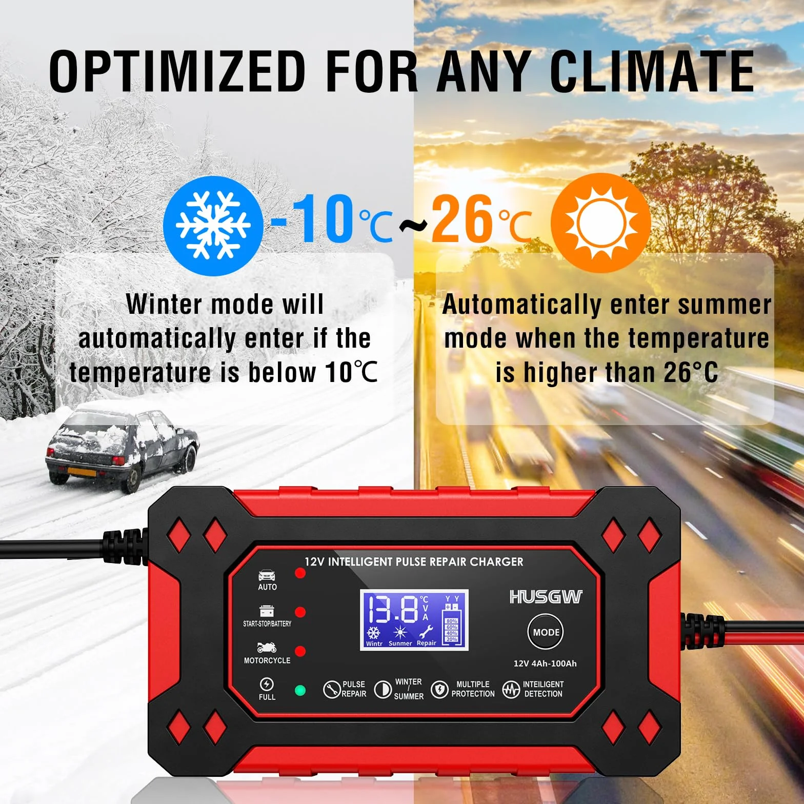 Caricabatterie Intelligente 12V 6A con Riparazione Automatica Display LCD per Auto Moto Camion AGM Gel SLA 2-100Ah