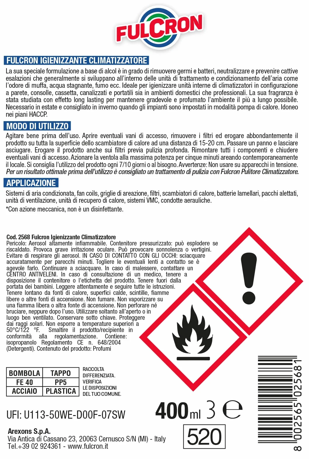 FULCRON Igienizzante Climatizzatori 400 ml Alcool Germi Batteri Odori HACCP
