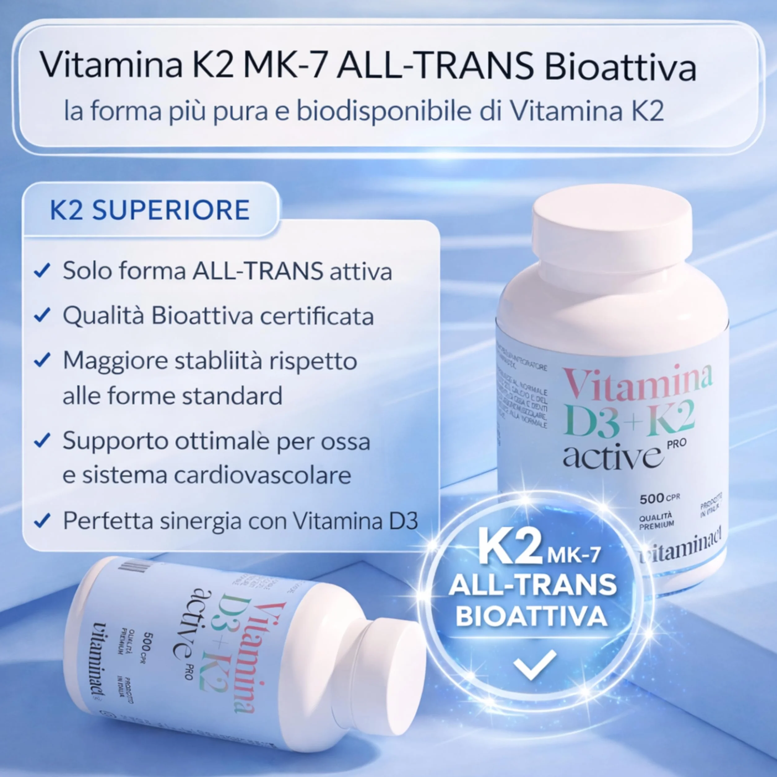 Vitamina D3 K2 500 Microcompresse – 2000 UI a Compressa, K2 MK7, Senza Biossido di Silice