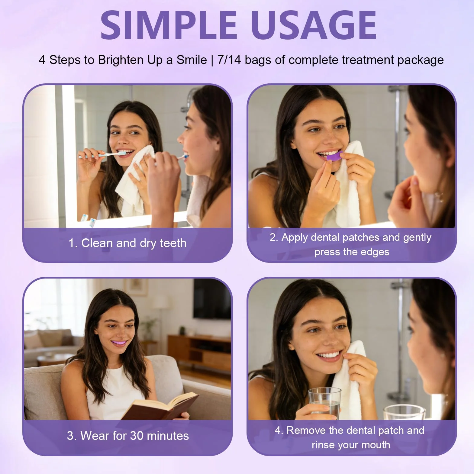 Strisce Sbiancanti Denti 7PCS Viola, Strisce per Cura Denti, Riduce Discromie Superficiali, Adatto Denti Sensibili