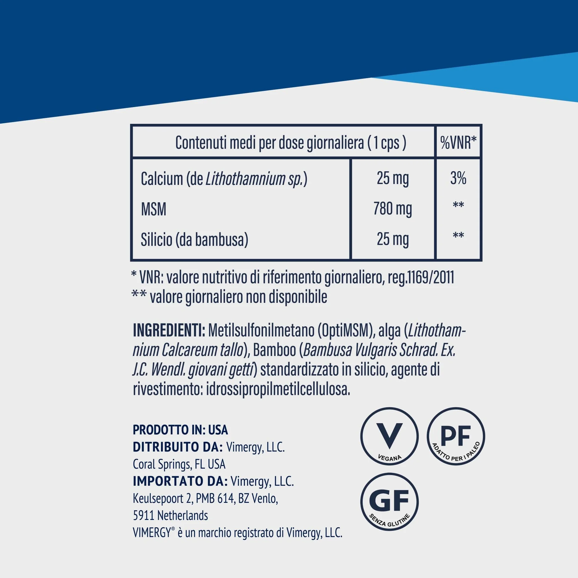 Vimergy MSM 780MG Capsule (120 Pezzi) – Integratore con Calcio e Silice – Capsula Vegana Senza OGM, Glutine o Gelatina - Kosher