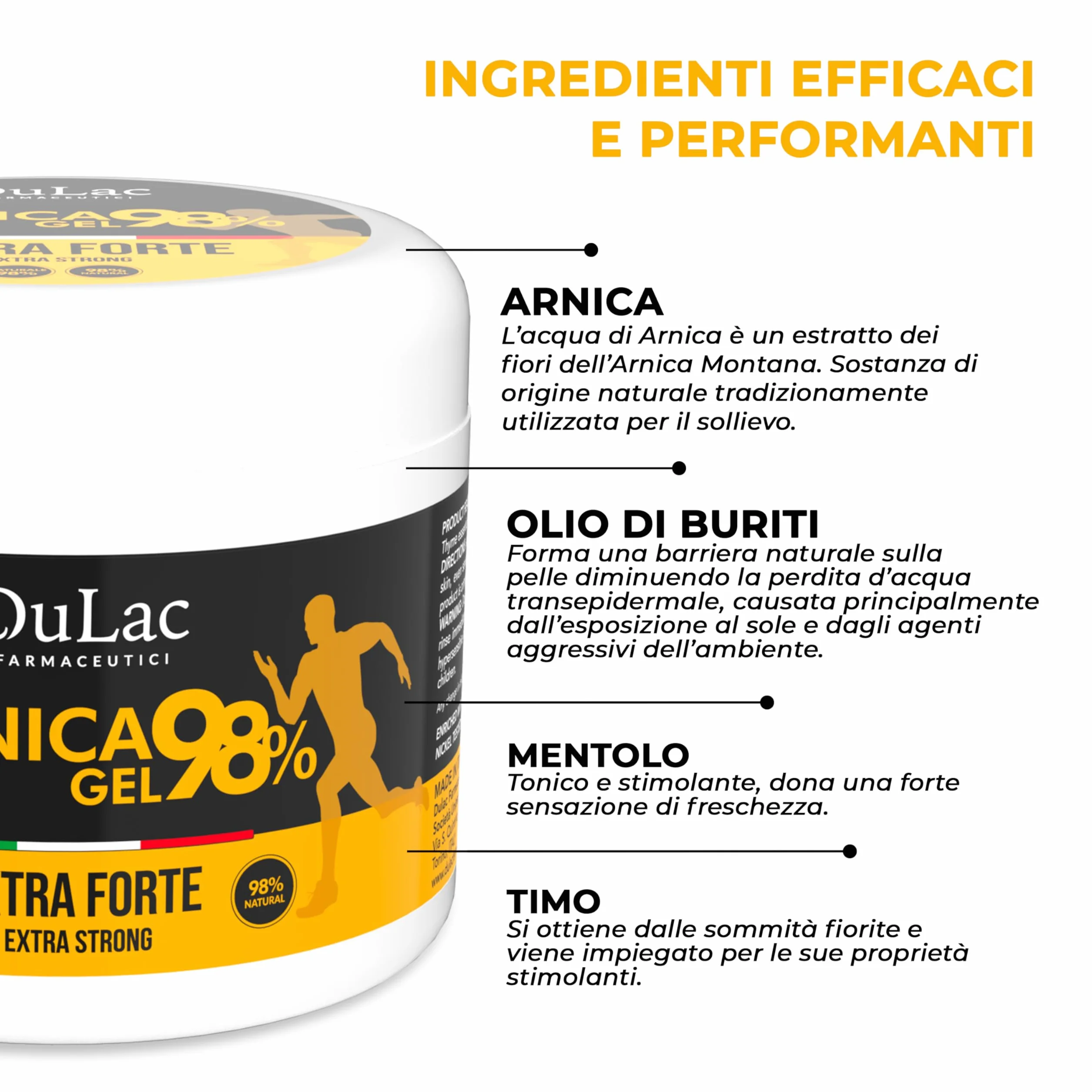 Dulac Arnica Gel Forte 98% 500 ml per Massaggio Muscolare e Articolare con Mentolo e Olio di Buriti Made in Italy